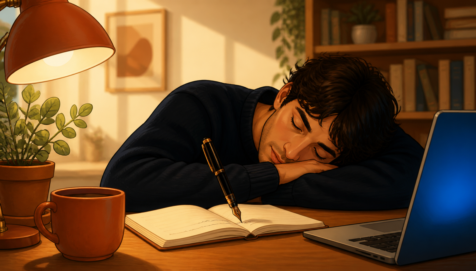 Ilustración cálida de una persona en jersey navy dormida con la cabeza apoyada sobre los brazos cruzados en un escritorio de madera mientras una pluma continúa escribiendo sola sobre el cuaderno abierto, con una lámpara terracota encendida, una taza terracota, plantas y un portátil con el borde de la pantalla iluminado en azul.