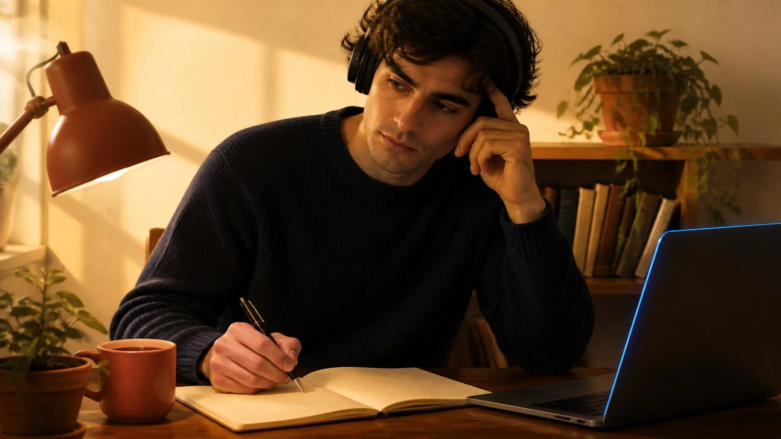 Ilustración cálida de una persona en jersey navy sentada a un escritorio de madera con auriculares grandes, pluma en pausa sobre un cuaderno abierto y la cabeza ligeramente inclinada escuchando con atención crítica un portátil con el borde de la pantalla iluminado en azul, junto a una lámpara terracota, una taza y una planta.