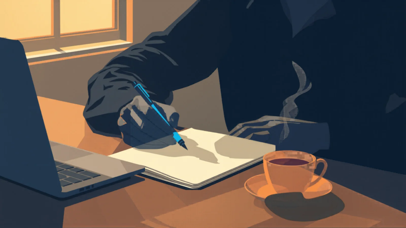 Ilustración editorial de una persona escribiendo a mano en un cuaderno frente a un portátil cerrado, con una taza de té humeante al lado, capturando el momento de redactar con cuidado.