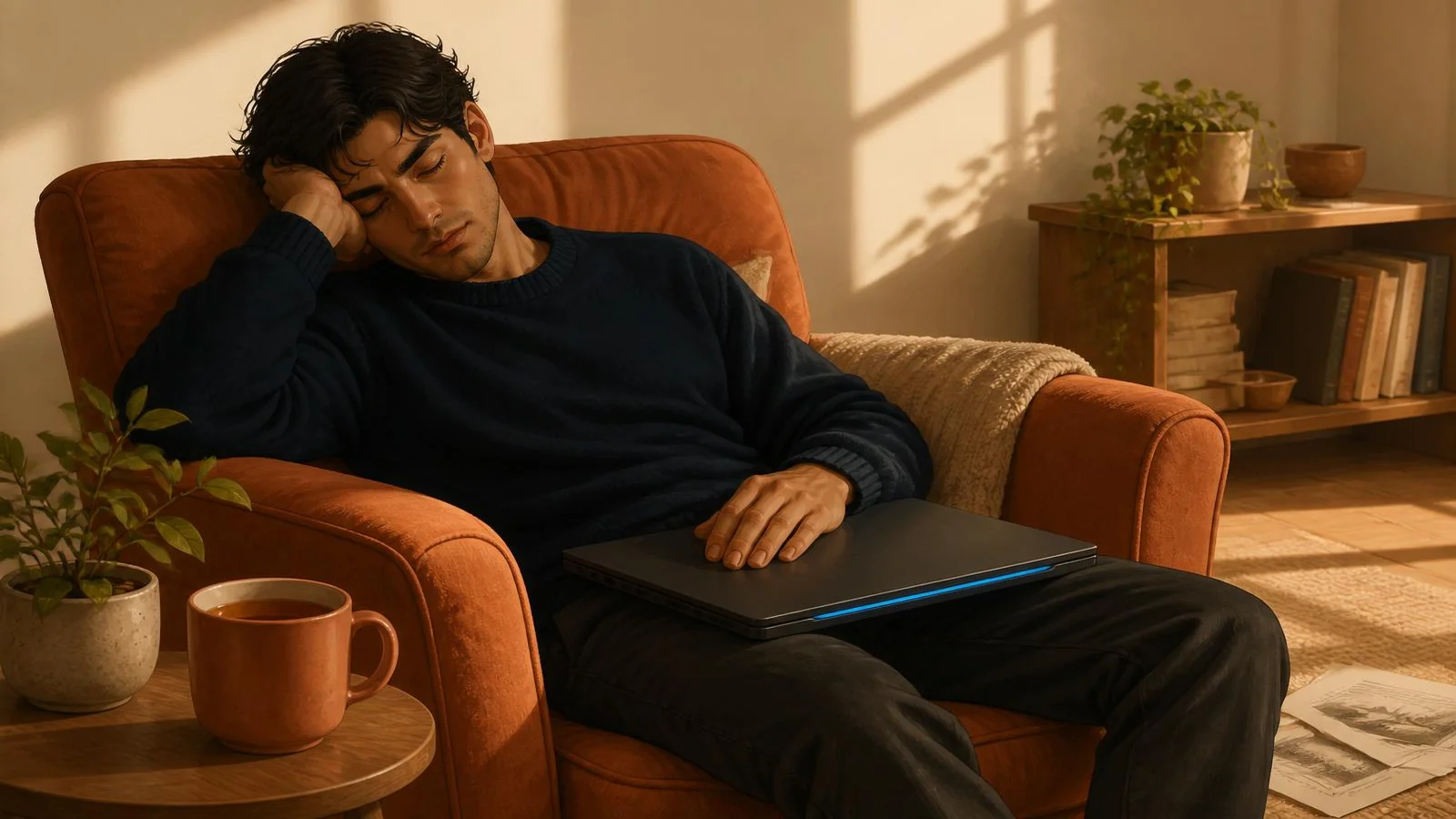 Ilustración cálida de una persona en jersey navy hundida en un sillón terracota con los ojos cerrados y una mano apoyada en un portátil cerrado con el borde azul iluminado, junto a una mesita con taza de té terracota, una manta beige, una planta y una estantería con libros al fondo iluminados por luz de mañana.