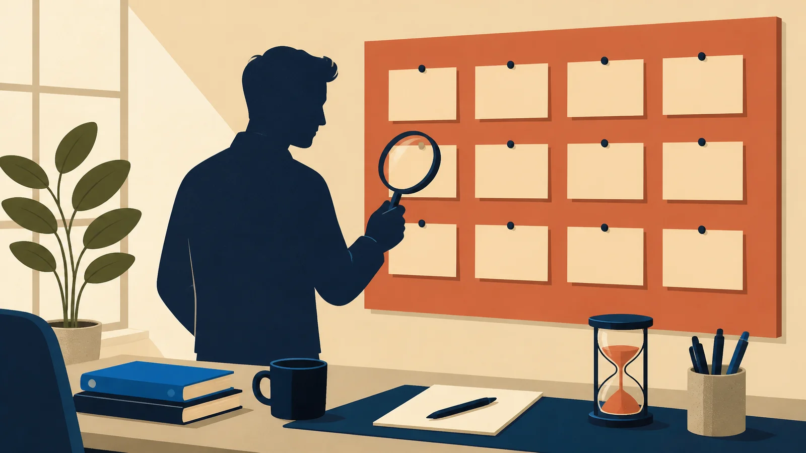 Ilustración plana de un hombre en silueta navy examinando con una lupa una rejilla de tarjetas en blanco clavadas en un panel terracota, con un reloj de arena y un cuaderno sobre el escritorio bajo la luz de una ventana.