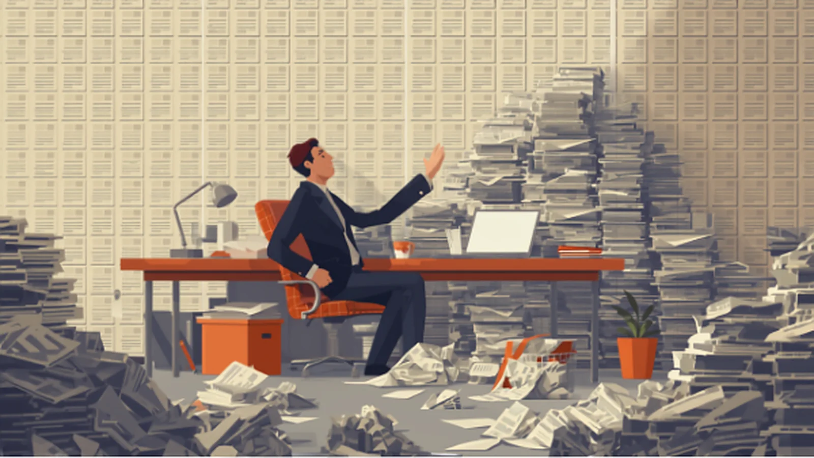 Flat illustration of a navy-silhouetted person leaning back in a terracotta chair and pushing away with one hand, in a gesture of rejection, a desk and room buried under mountains of identical grey sheets and a wall covered in cloned posts, evoking the visceral rejection of poor content mass-produced with AI.