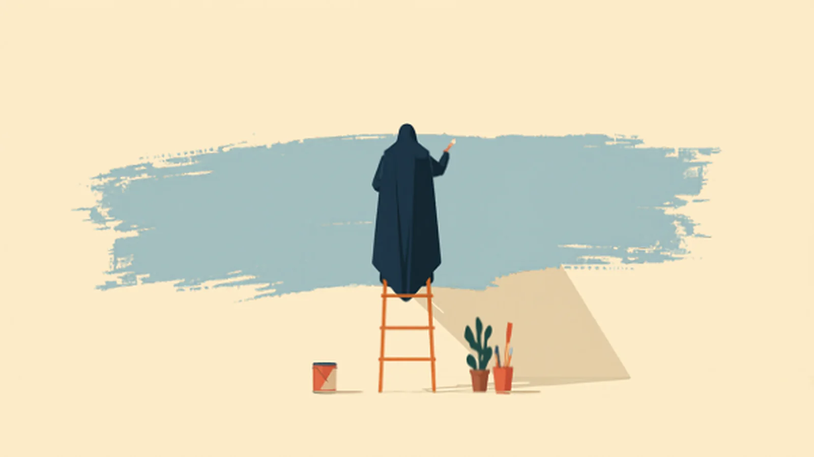 Ilustración plana de una persona en silueta navy subida a una escalera de mano terracota pintando un mural azul ancho que cruza toda la pared, con un bote de pintura, una maceta y pinceles en el suelo, evocando diseñar tu propio banner sin ser diseñador.