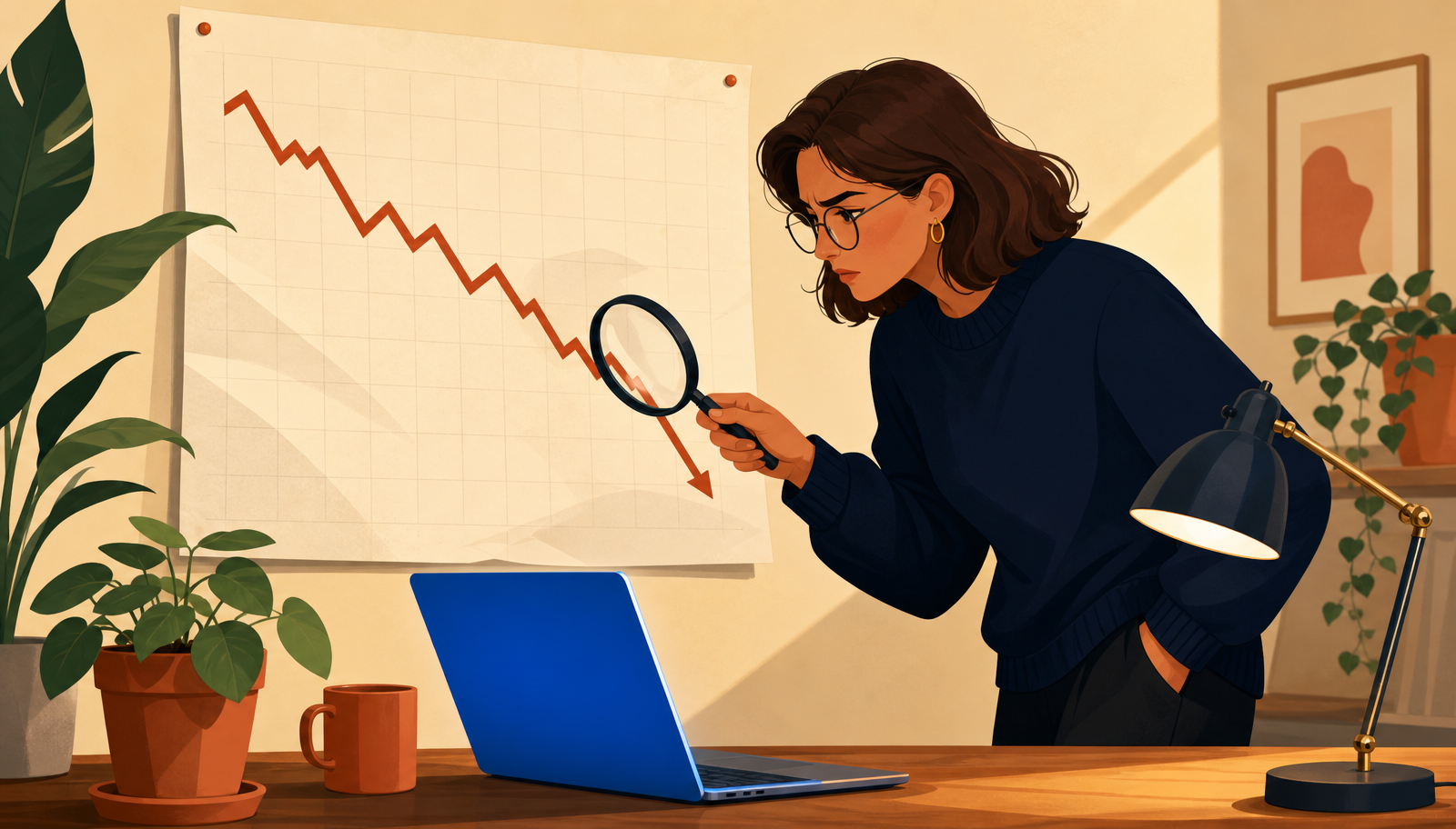 Ilustración cálida de una mujer con gafas redondas y jersey navy examinando con concentración una gran gráfica descendente en zigzag terracota clavada en la pared con una lupa acercada al tramo bajo, junto a un escritorio con portátil de pantalla iluminada en azul, taza y lámpara terracota.