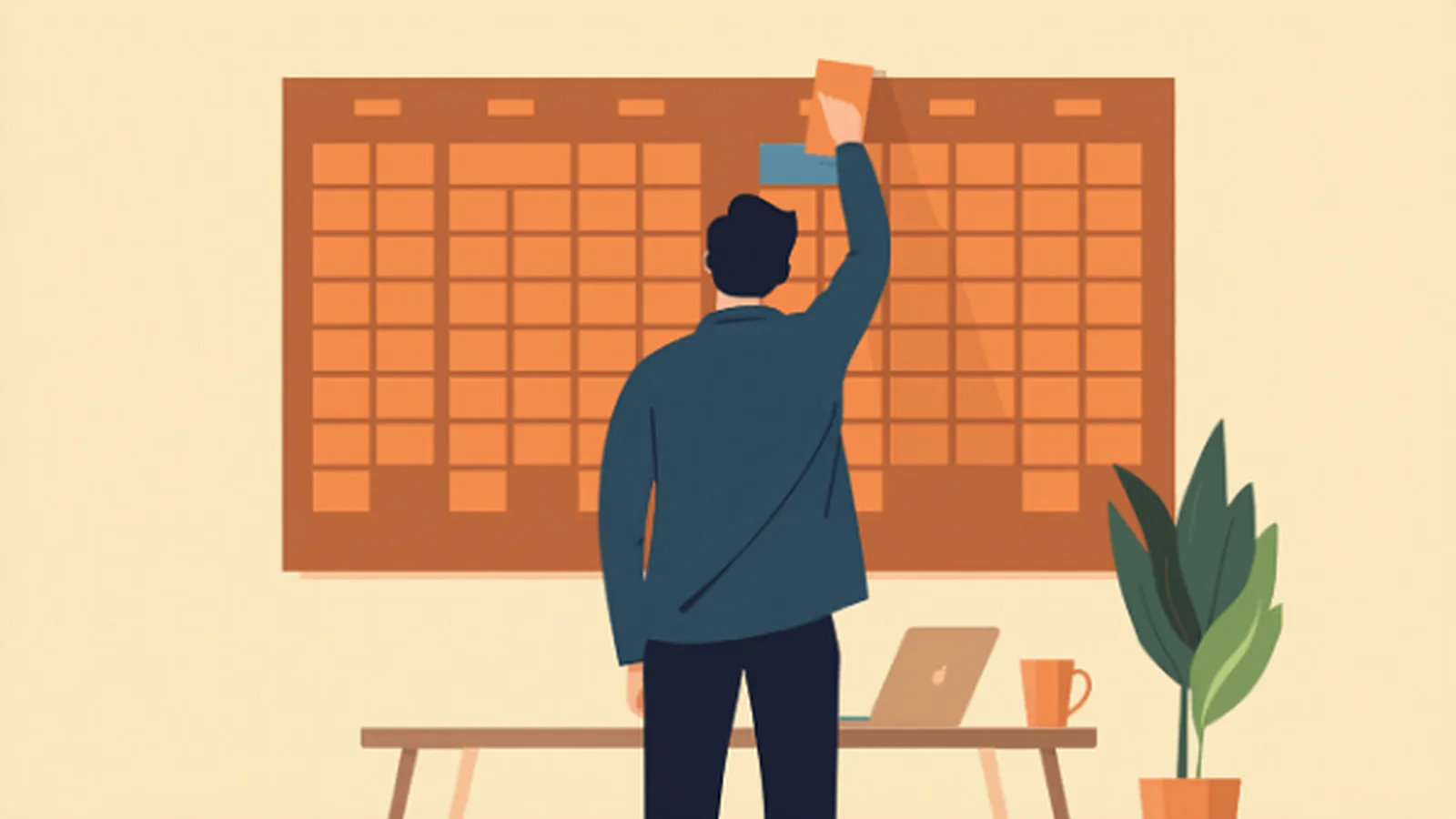 Ilustración plana de una persona vista de espaldas colocando una tarjeta azul en un gran tablero de planificación de cuatro columnas lleno de fichas terracota que ocupa toda la pared, con un escritorio con portátil, taza y una planta en primer plano, evocando repartir los pilares de contenido a lo largo de un ciclo de semanas.