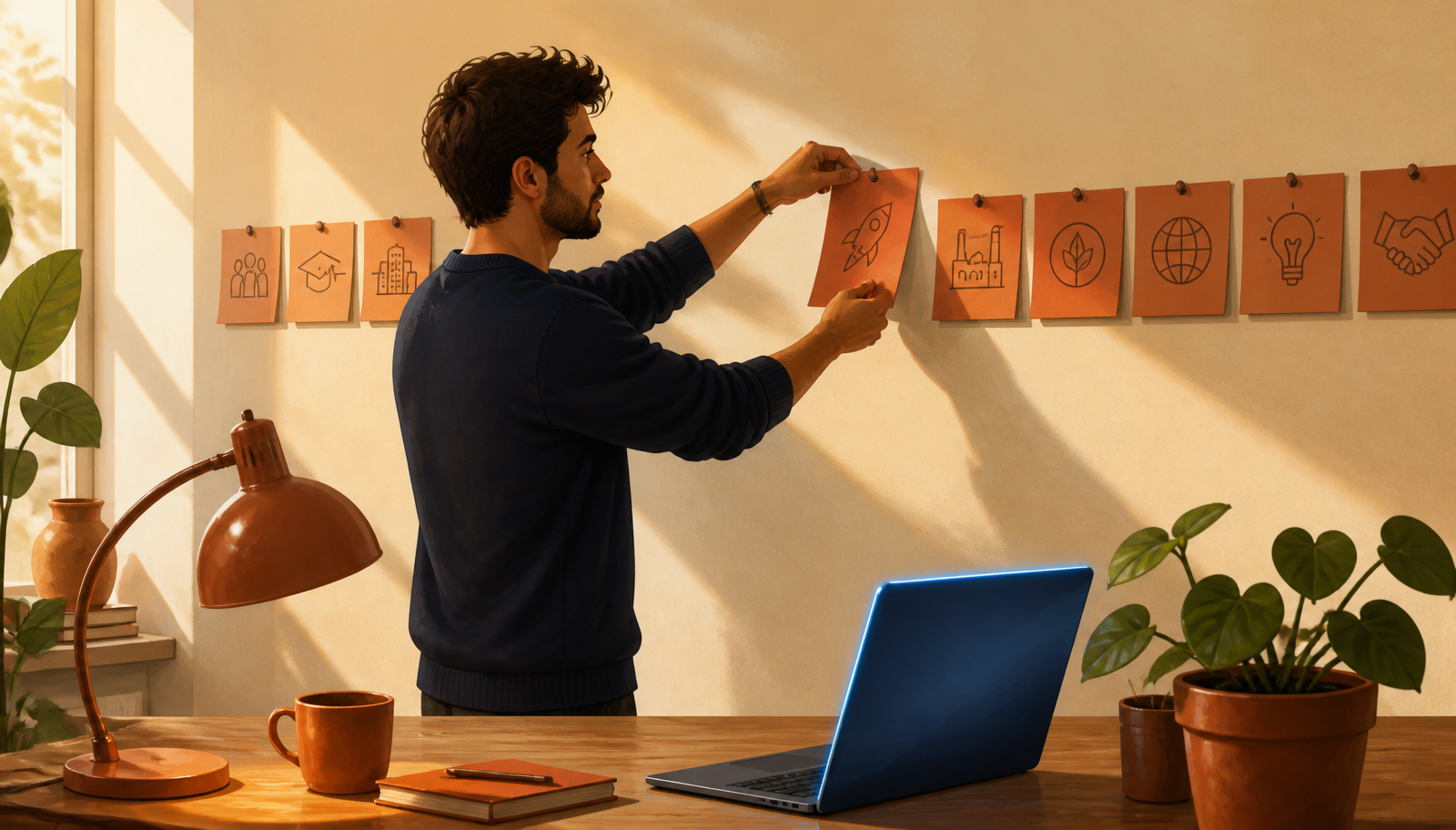 Ilustración cálida de una persona en jersey navy de pie levantando con cuidado una tarjeta terracota de una línea temporal de tarjetas fijadas a la pared y desplazándola hacia una nueva posición más adelante, con una lámpara terracota, una taza, plantas y un portátil con el borde iluminado en azul sobre el escritorio.
