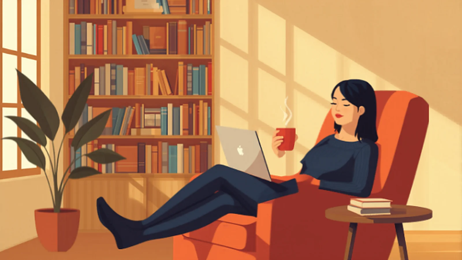 Ilustración cálida de una mujer sentada en un sillón terracota junto a una alta estantería de libros y una planta, cerrando la pantalla de su portátil con una mano mientras sostiene una taza humeante con la otra, en luz suave de ventana, evocando la pausa deliberada del feed.