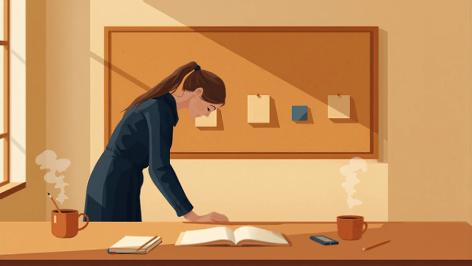 Ilustración cálida de una mujer inclinada sobre una mesa de planificación con un cuaderno abierto y varias tarjetas pequeñas dispuestas en secuencia, frente a un tablón de corcho con notas y dos tazas humeantes terracota, evocando el ensamblaje deliberado de un carrusel slide a slide.