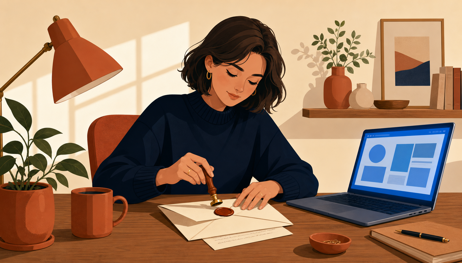 Ilustración cálida de una mujer con melena corta y jersey navy sentada a un escritorio de madera sellando cuidadosamente con lacre terracota un sobre grande que contiene una hoja escrita, junto a una lámpara terracota, una taza, una planta y un portátil con la pantalla iluminada en azul mostrando una maqueta de publicación.