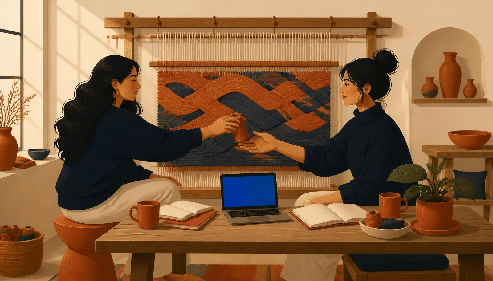 Ilustración cálida de dos mujeres con jersey navy (una con melena larga y otra con moño) sentadas frente a frente a una larga mesa de madera tejiendo juntas un gran tapiz mural con hilos terracota y navy entrelazados, mientras se pasan una bobina terracota; entre ambas un portátil con la pantalla iluminada en azul, cuadernos abiertos, tazas terracota y una planta.