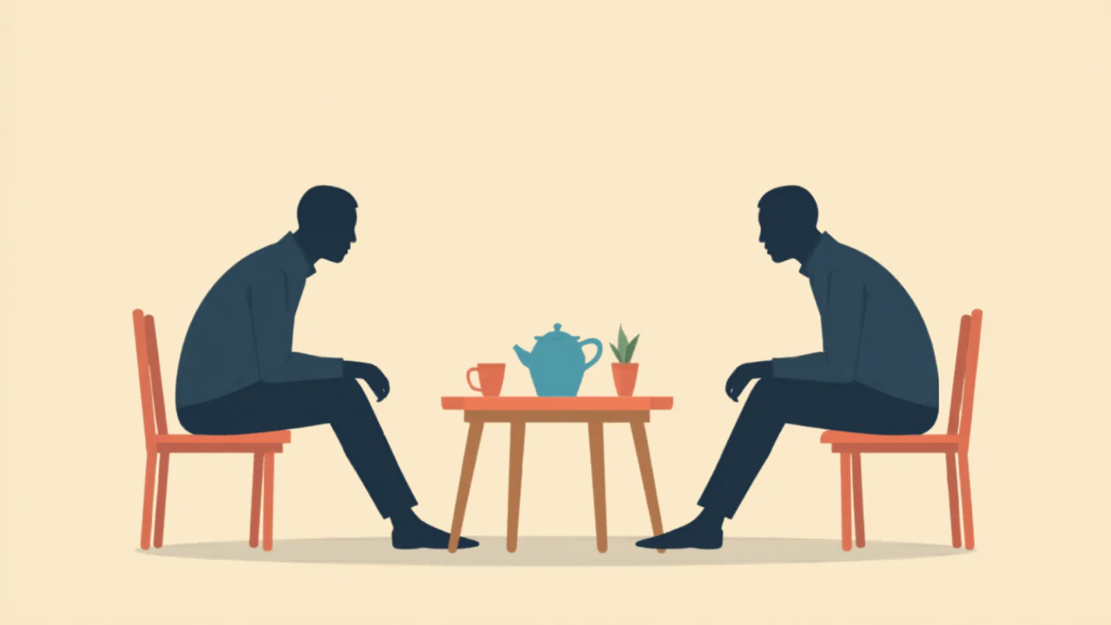 Ilustración plana de dos personas sentadas frente a frente en sillas pequeñas alrededor de una mesa redonda con una tetera y una planta, evocando una conversación atenta y sostenida.
