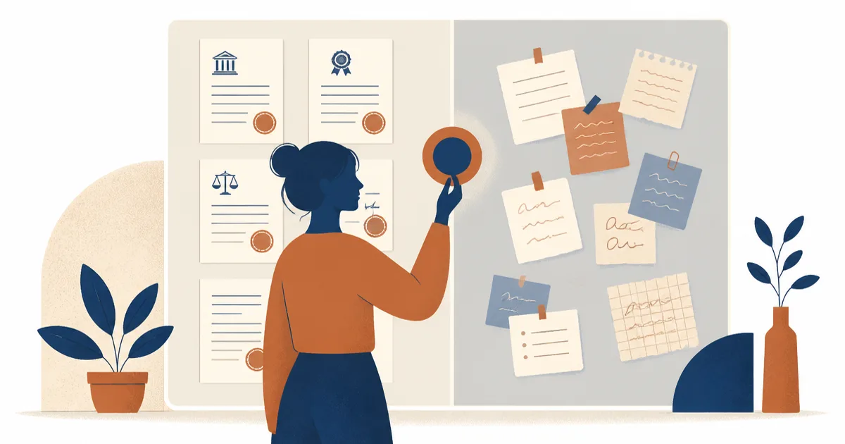 Ilustración plana de una mujer de perfil frente a un panel dividido en dos columnas, una con documentos sellados y otra con notas sueltas, mientras sostiene una insignia circular terracota, evocando la separación entre lo que está documentado y lo que es observación.