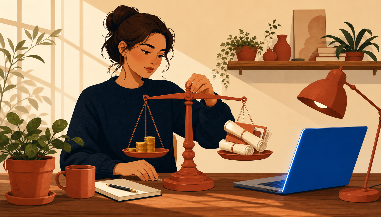 Ilustración cálida de una mujer con moño y jersey navy sentada a un escritorio de madera operando una balanza de dos platillos terracota antigua: en un platillo un montón de monedas de oro y en el otro un fajo de hojas y tarjetas de contenido enrolladas, con una lámpara terracota, taza, planta y un portátil con la pantalla iluminada en azul.