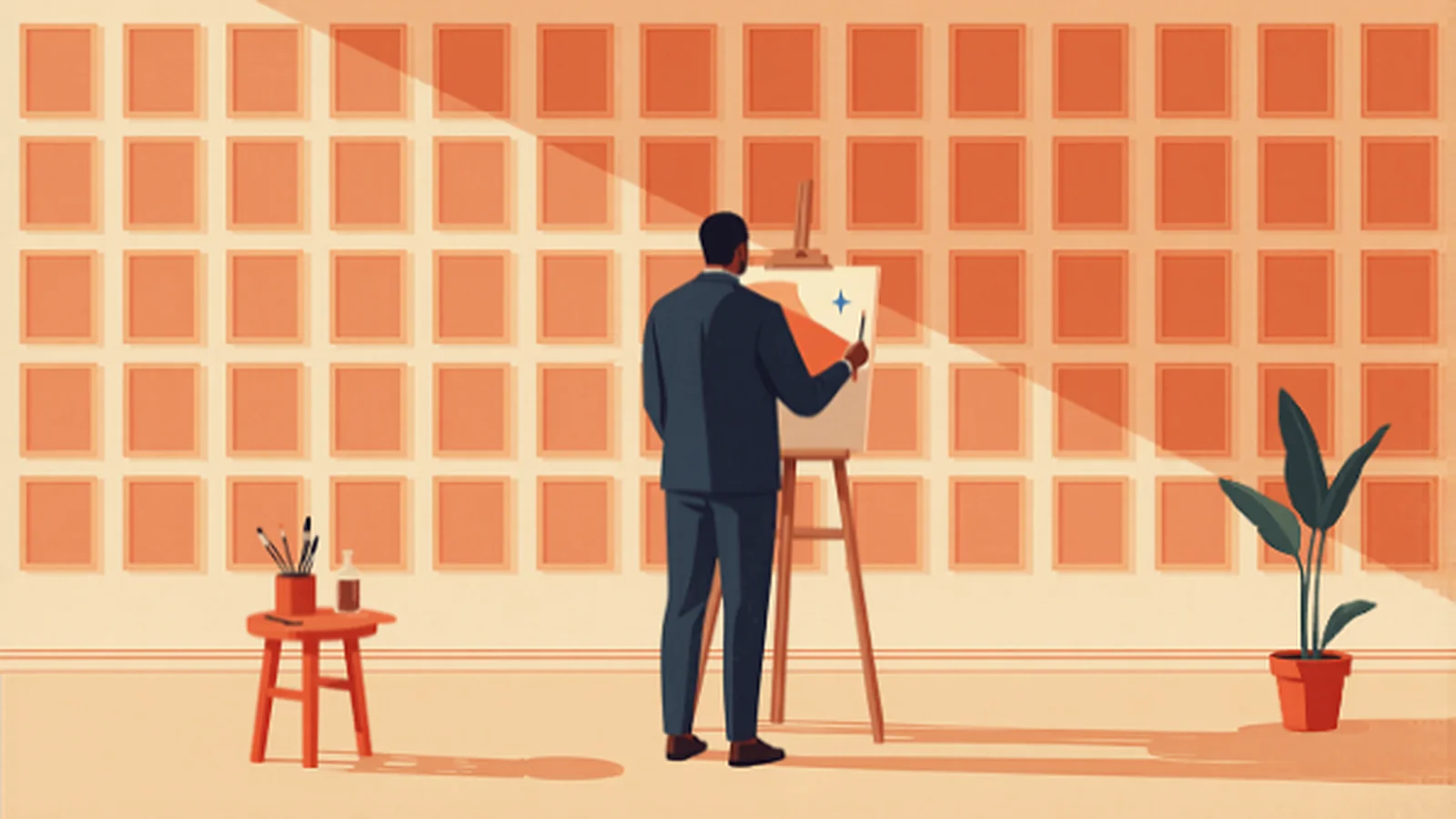 Ilustración plana de una persona vista de espaldas pintando en un caballete un lienzo original con carácter, frente a una pared entera cubierta por una cuadrícula de marcos terracota idénticos, con un taburete con pinceles y una planta, evocando el contraste entre creación propia y plantilla.