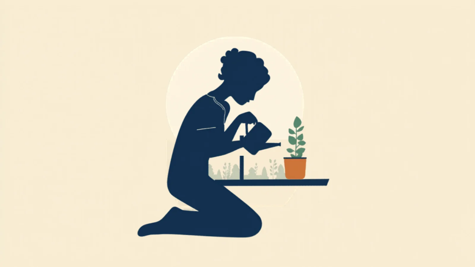 Ilustración plana de una persona arrodillada regando con una pequeña regadera una planta joven en maceta sobre un alféizar, con luz suave entrando por la ventana, evocando la paciencia del crecimiento sostenido.