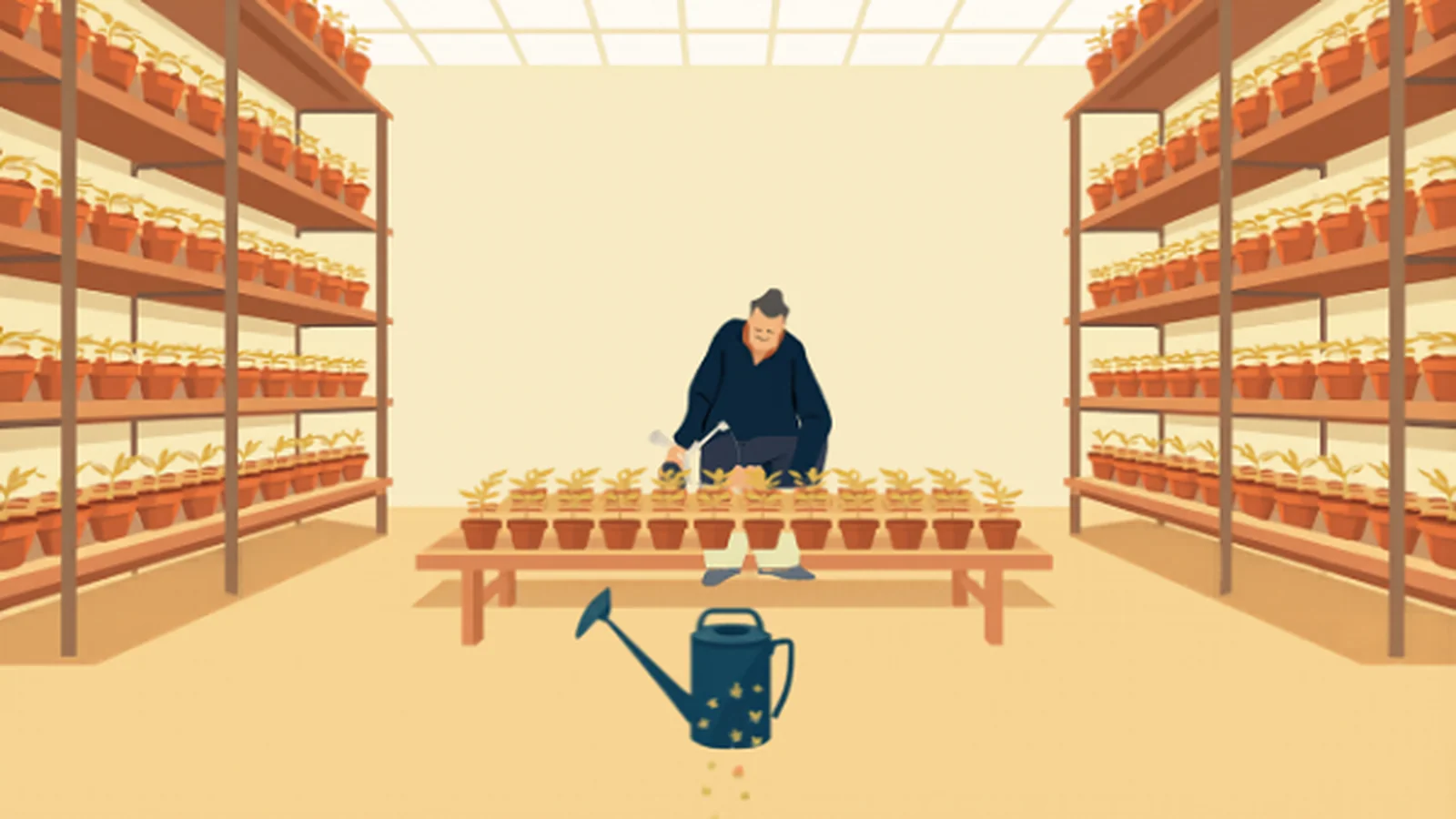 Ilustración plana de una persona atendiendo hileras de pequeñas macetas terracota sobre una mesa larga en un invernadero, flanqueada por altas estanterías repletas de macetas a ambos lados, con una regadera en primer plano, evocando la disciplina de una cadencia constante y sostenible.