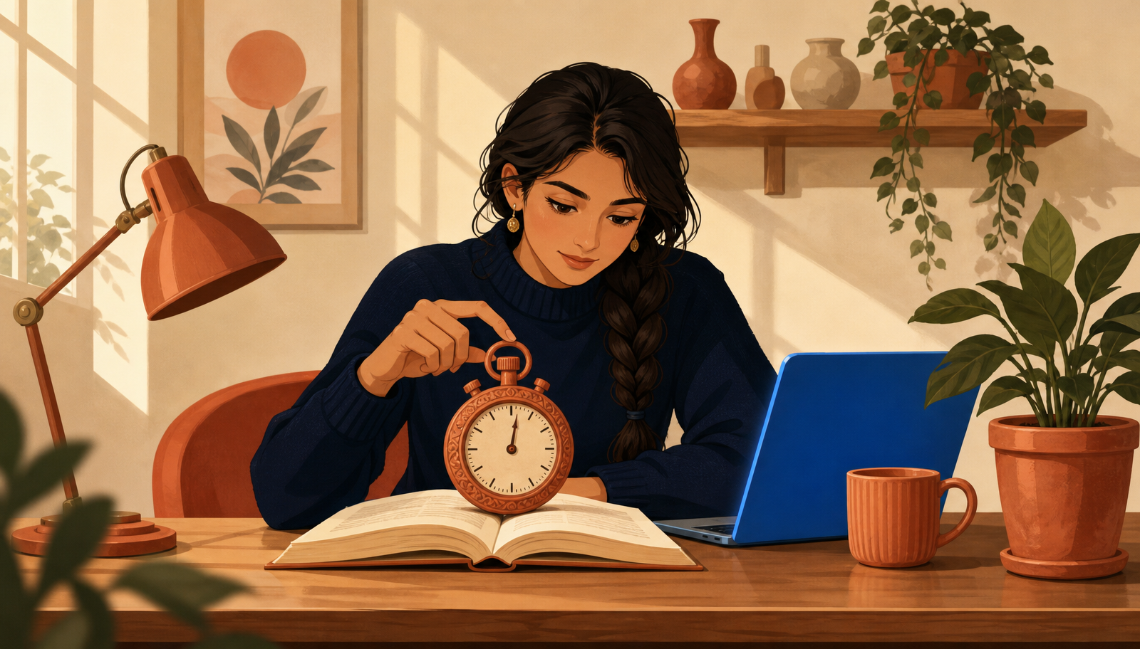 Ilustración cálida de una mujer con trenza lateral y jersey navy observando atentamente un gran cronómetro analógico terracota ornamentado apoyado sobre un libro abierto en un escritorio de madera, mientras lo sujeta con dos dedos con delicadeza, junto a una lámpara terracota, taza, planta y un portátil con pantalla iluminada en azul.