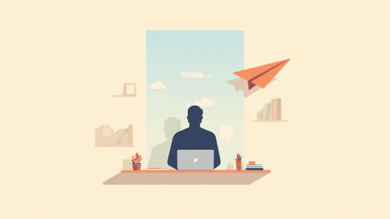 Ilustración plana de una persona en silueta navy sentada de espaldas ante un gran ventanal con cielo y nubes, soltando un avión de papel terracota que sale volando hacia la ventana, con un portátil sobre el escritorio y estanterías con libros y plantas a los lados, evocando el momento de publicar por primera vez.
