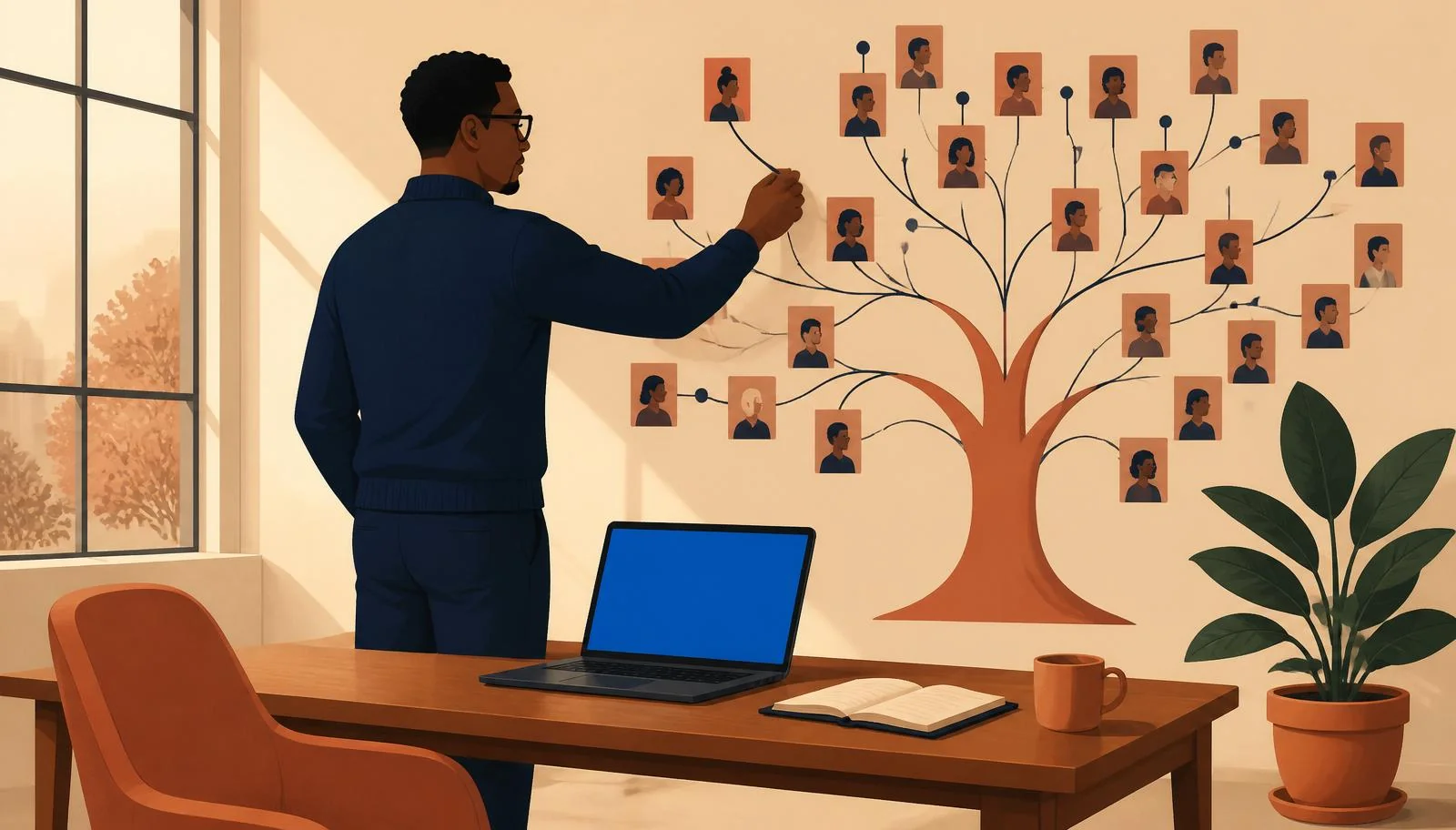 Ilustración cálida de un hombre con gafas y jersey navy de pie ante una pared cubierta por un gran árbol diagrama con tronco terracota (el logotipo corporativo) y ramas que se abren en muchas tarjetas terracota de retratos de empleados conectadas por finas líneas navy, colocando cuidadosamente una tarjeta más en una rama, junto a un escritorio con portátil de pantalla azul, taza, silla y planta terracota.