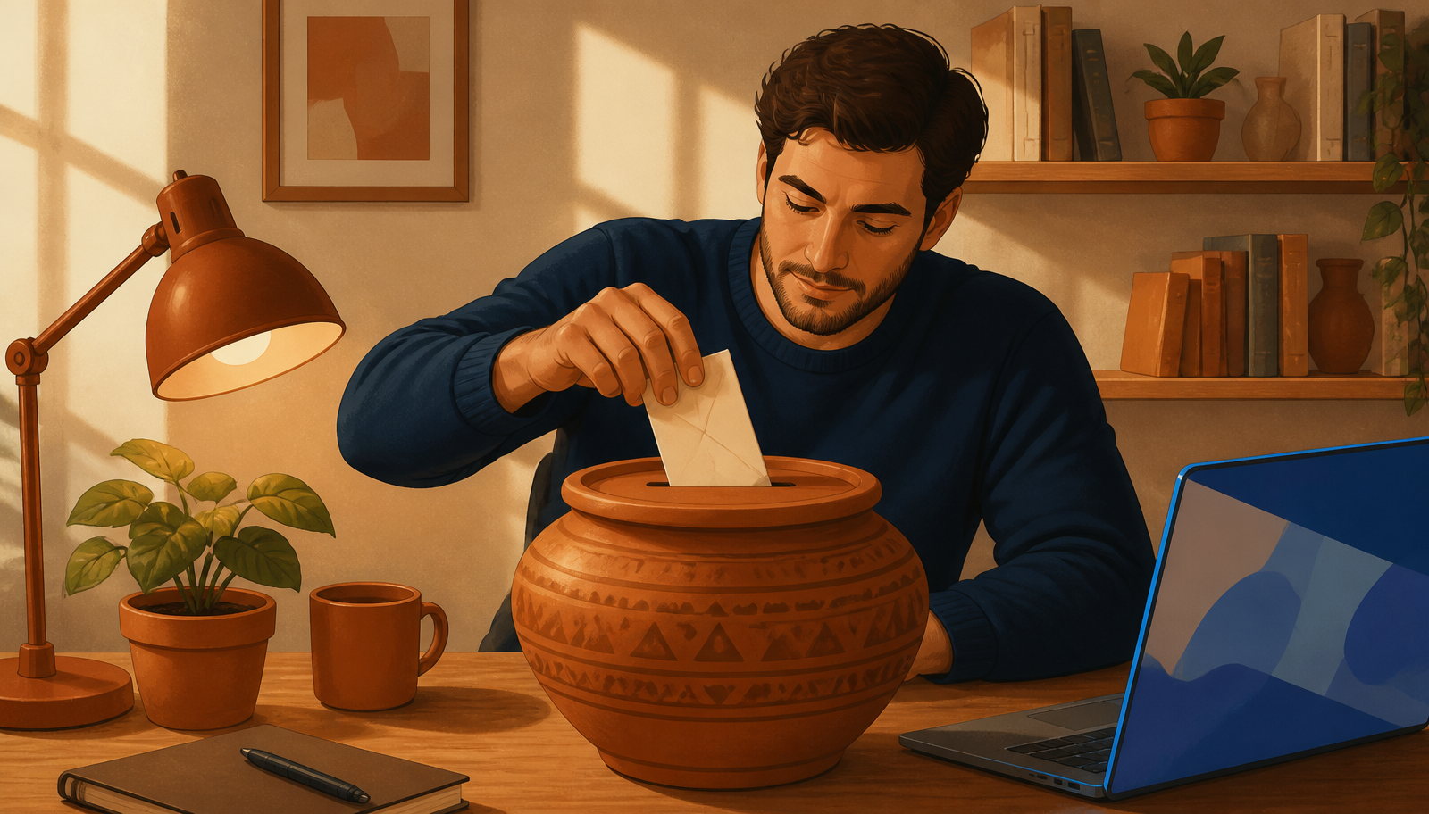 Ilustración cálida de una persona en jersey navy sentada a un escritorio de madera introduciendo con cuidado una papeleta doblada en la ranura de una gran urna de cerámica terracota grabada, junto a una lámpara terracota, una taza, una planta y un portátil con la pantalla iluminada en azul.