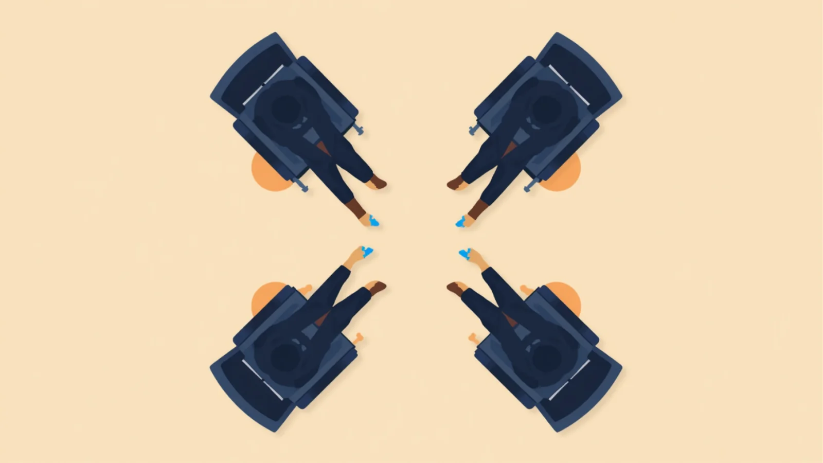 Ilustración cenital de cuatro personas sentadas en sillones en formación de rombo, separadas por el mismo espacio, evocando un ritual simétrico de elogio mutuo.