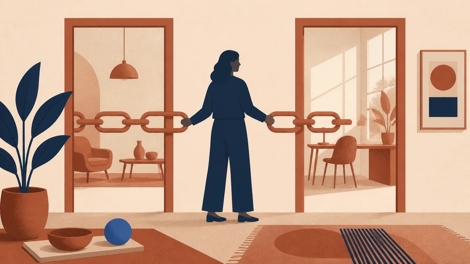 Flat illustration of a navy-silhouetted woman holding a terracotta chain that joins two rooms through their doorways, in a warm interior with a plant and a rug.
