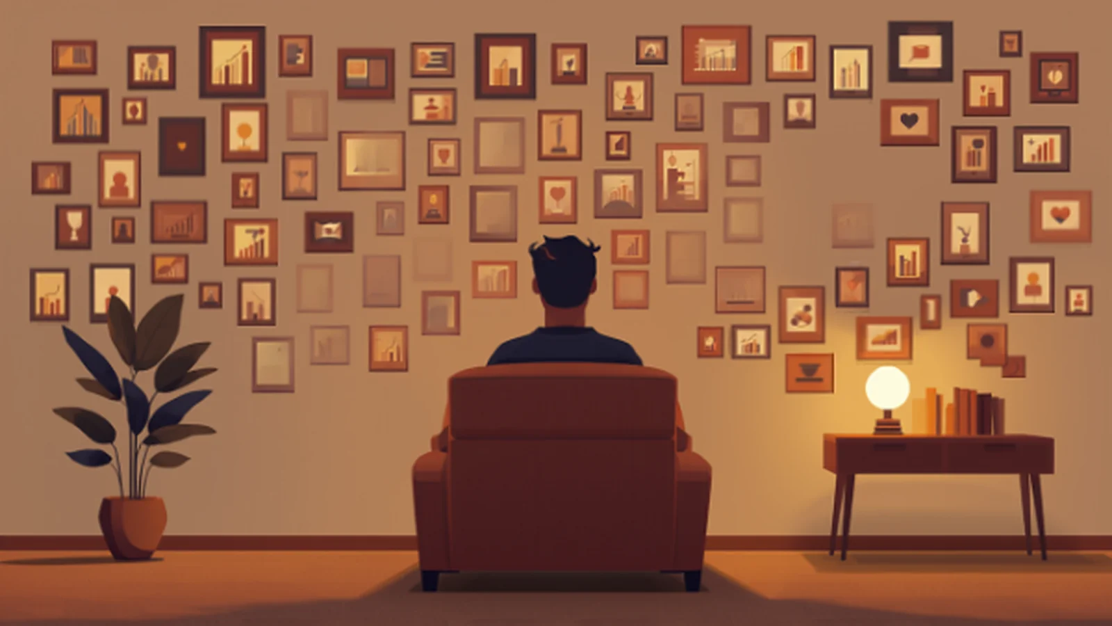 Ilustración cálida de una persona vista de espaldas, sentada a solas en un sillón de terracota en una habitación en penumbra, mirando hacia una pared cubierta de decenas de marcos iluminados con trofeos, gráficos y logros ajenos, con una planta en maceta de terracota a un lado y una lámpara encendida junto a unos libros, evocando la comparación del espectador frente al escaparate de éxitos del feed.