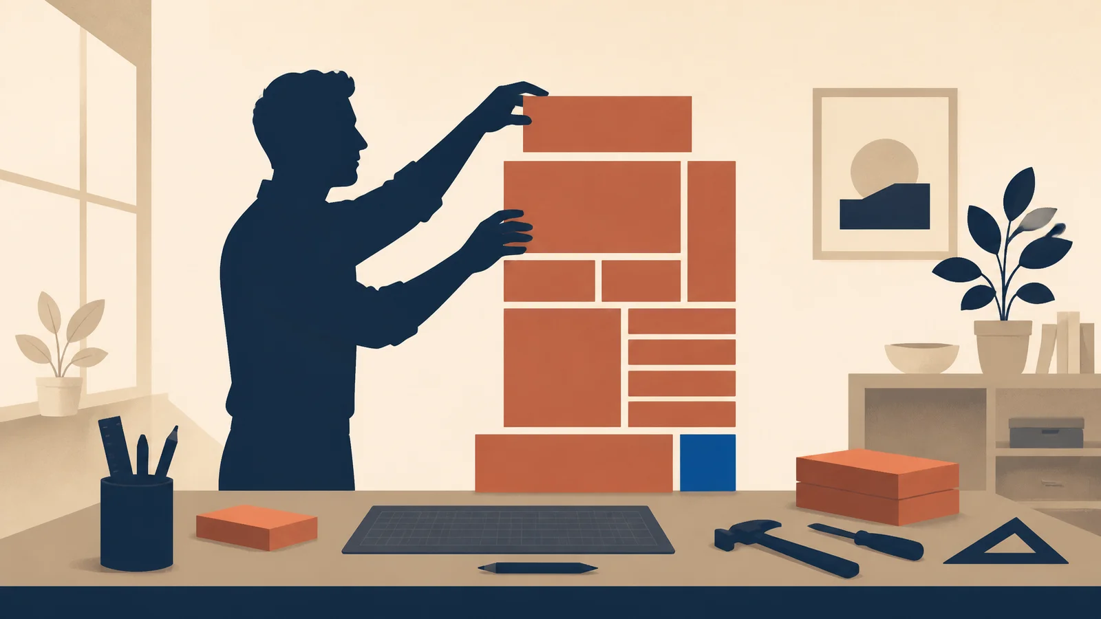 Flat illustration of a navy-silhouetted man assembling a composition of terracotta rectangular blocks on a workshop table, echoing the layout of a text.