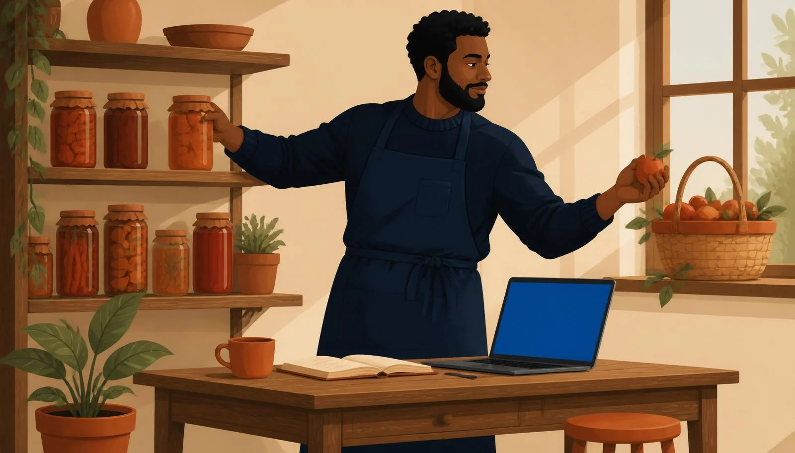 Ilustración cálida de un hombre con barba corta y delantal navy sobre jersey navy de pie en una cocina-taller luminosa: con una mano coloca en una estantería alta un tarro de conservas terracota (contenido evergreen) y con la otra sostiene una fruta recién recogida de un cesto en la ventana (contenido de actualidad), junto a un escritorio con portátil de pantalla iluminada en azul, taza y planta terracota.