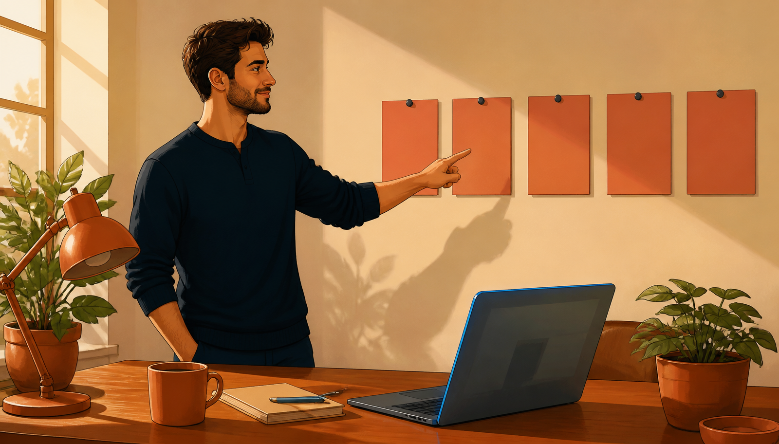Ilustración cálida de una persona en jersey navy de pie junto a un escritorio de madera señalando con el dedo la tercera de cinco tarjetas terracota en blanco fijadas en fila sobre la pared con luz cálida, un portátil con el borde iluminado en azul y una planta en primer plano.