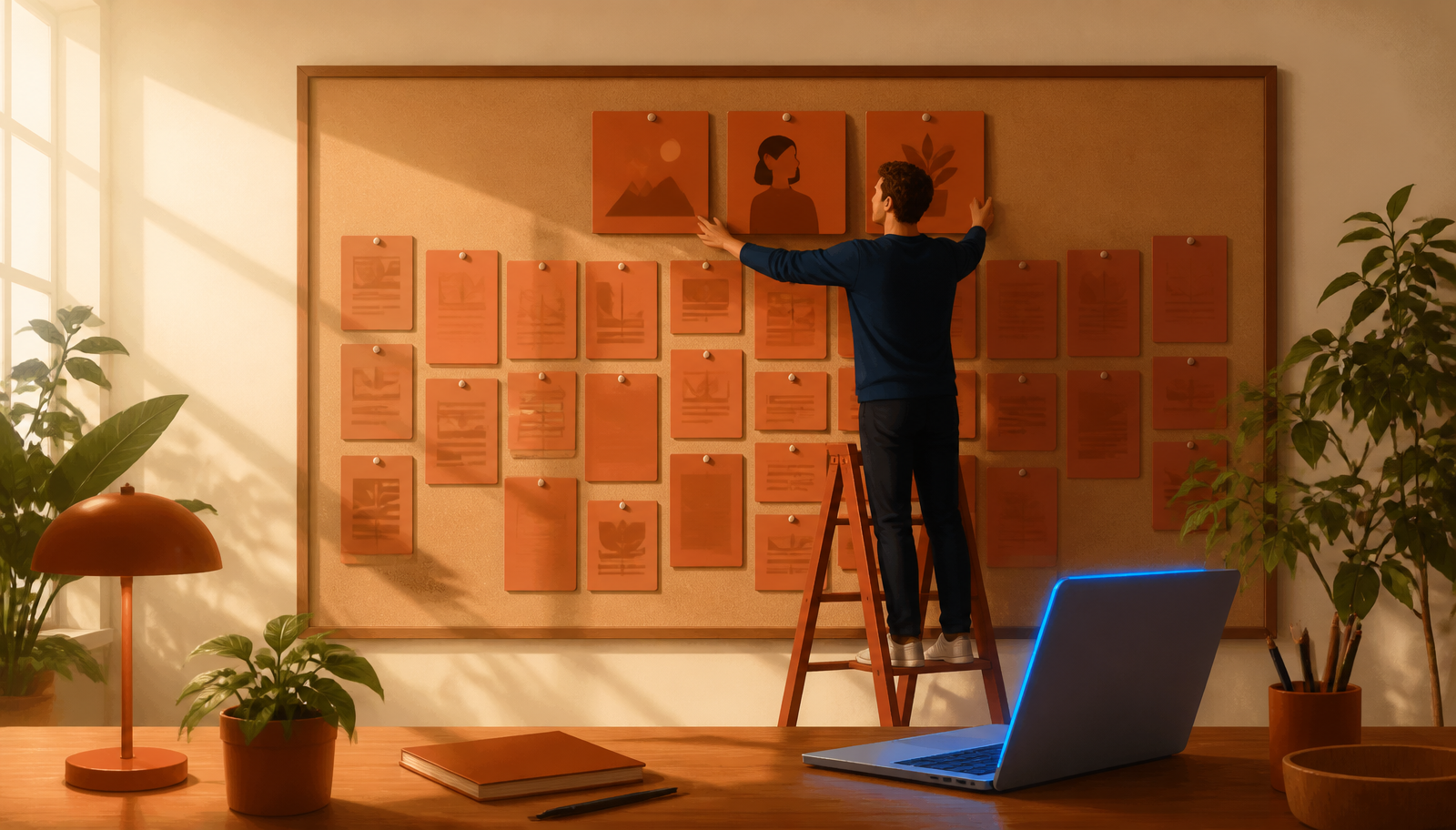 Ilustración cálida de una persona en jersey navy subida a una escalera terracota anclando tres tarjetas seleccionadas en la parte superior de una pared corcho llena de tarjetas terracota, con un escritorio de madera en primer plano con lámpara, planta y un portátil con el borde iluminado en azul.