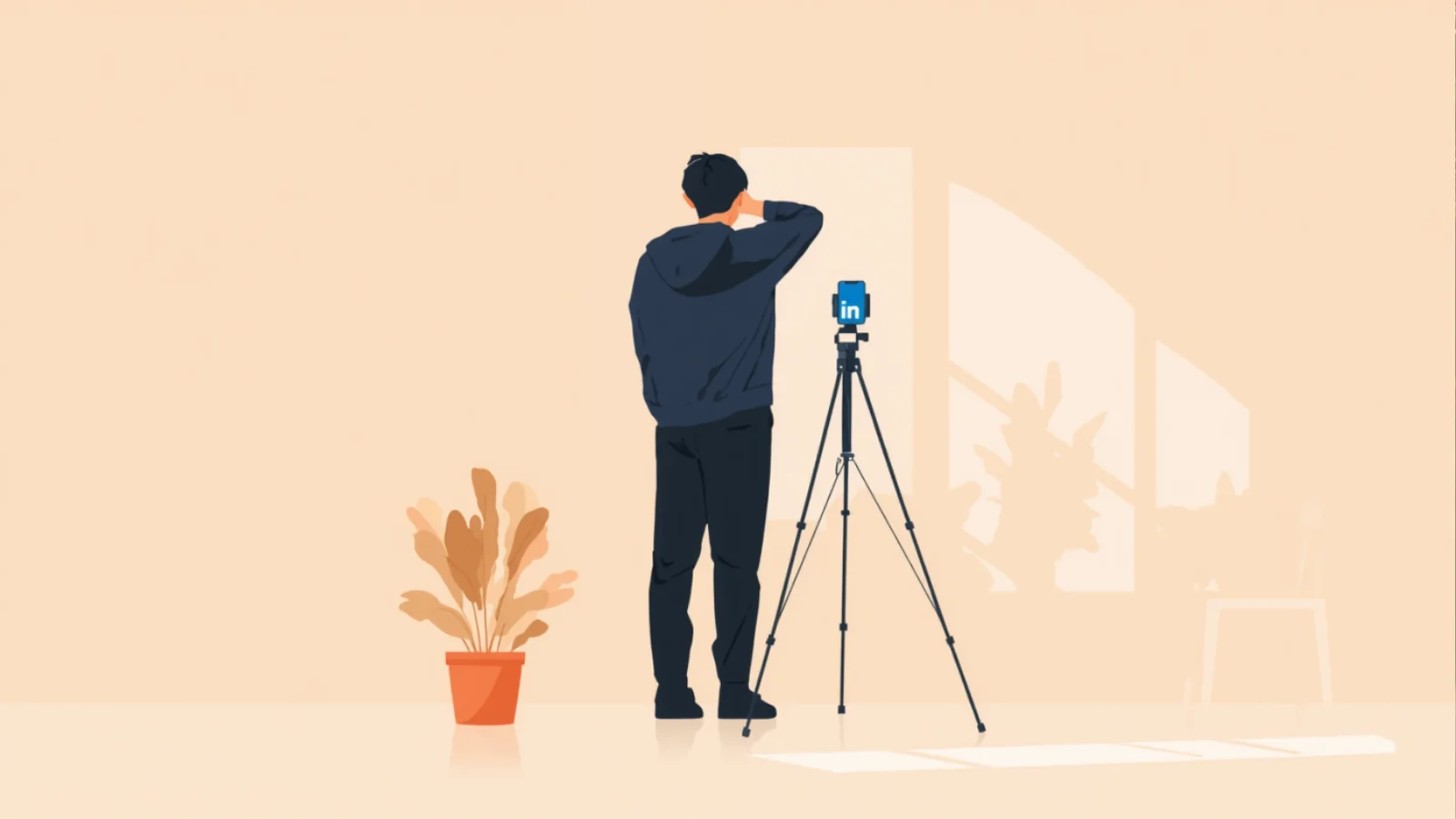 Ilustración plana de una persona vista de espaldas en tres cuartos, preparándose para hacerse una foto con el móvil sobre un trípode mientras la luz suave de una ventana ilumina la pared neutra.
