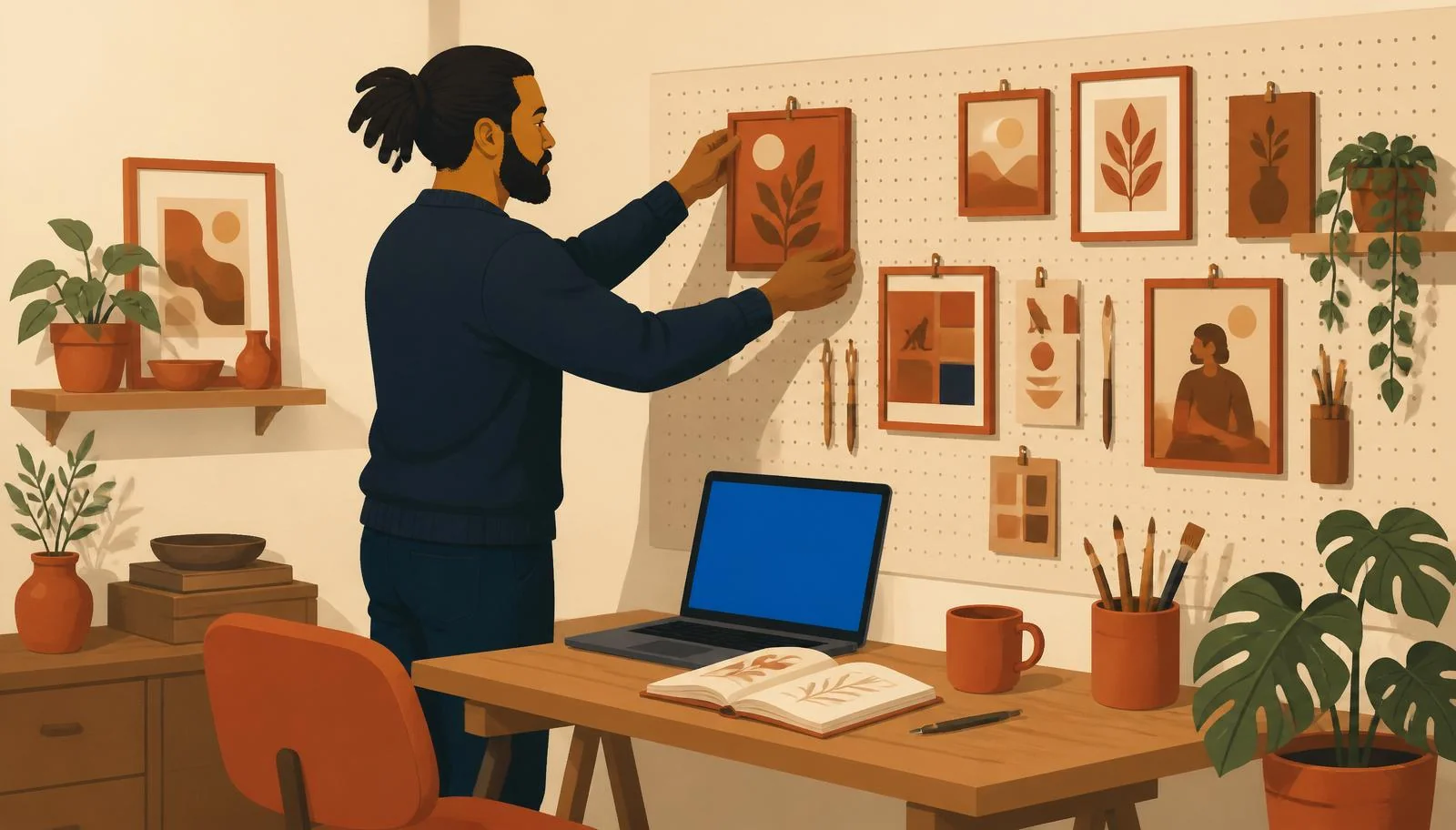 Ilustración cálida de un hombre con pelo recogido y barba en jersey navy de pie ante un tablero de clavijas beige cubierto de piezas de portafolio terracota (ilustraciones, cartas y muestras enmarcadas), colgando una pieza más con calma, junto a un escritorio de madera con portátil de pantalla azul, cuaderno abierto, taza terracota, un bote de pinceles y una silla y planta terracota en el primer plano.