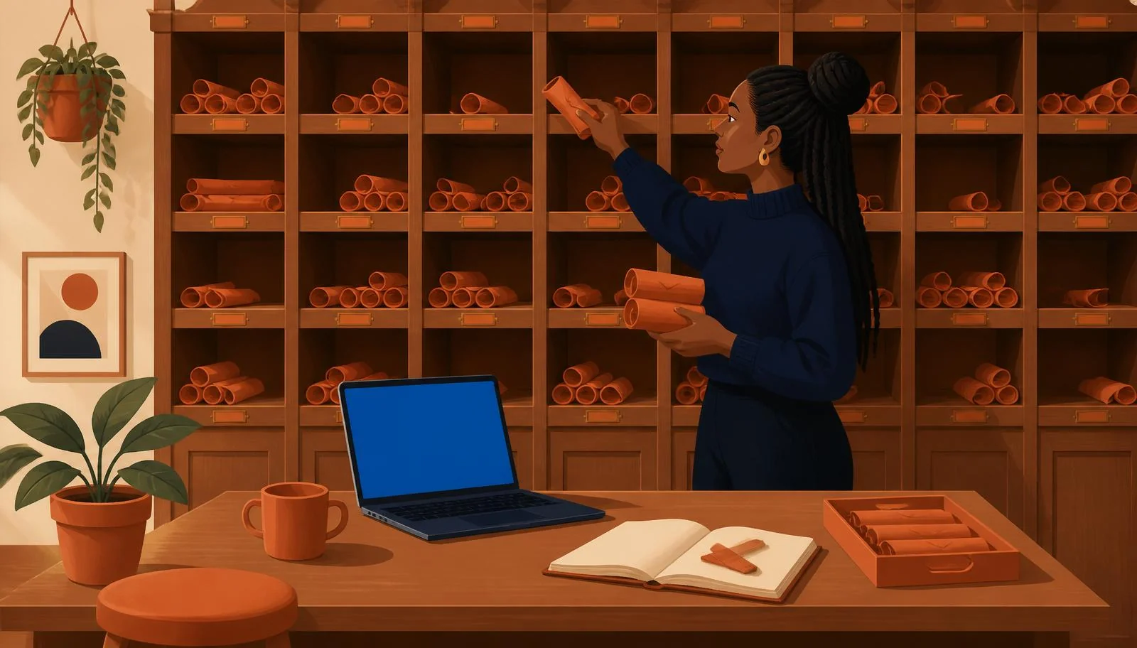 Ilustración cálida de una mujer con trenzas y jersey navy de pie ante un enorme casillero de madera antiguo que cubre toda la pared, con muchos compartimentos llenos de pequeñas cartas enrolladas en terracota clasificadas por categoría, colocando serenamente una carta más en uno concreto mientras sostiene tres más en la otra mano, junto a un escritorio con portátil de pantalla azul, bandeja terracota, taza y planta.