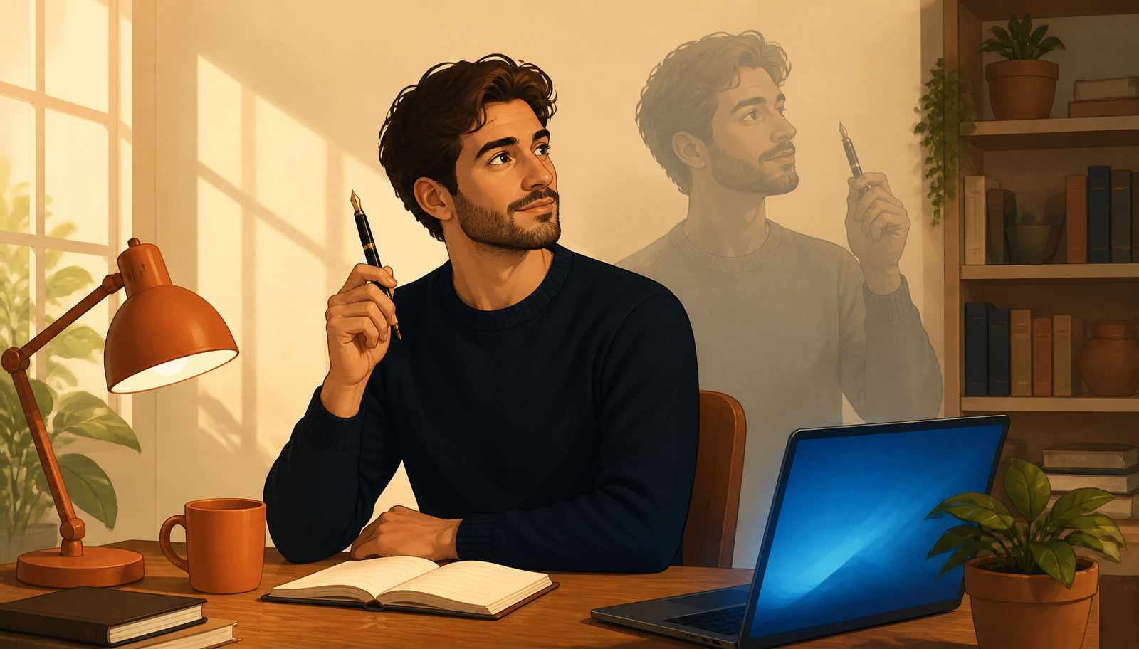 Ilustración cálida de una persona en jersey navy sentada en un escritorio de madera sosteniendo una pluma en actitud reflexiva, con una segunda figura translúcida de la misma persona detrás replicando la postura, junto a una lámpara terracota, taza, planta y un portátil con la pantalla iluminada en azul.