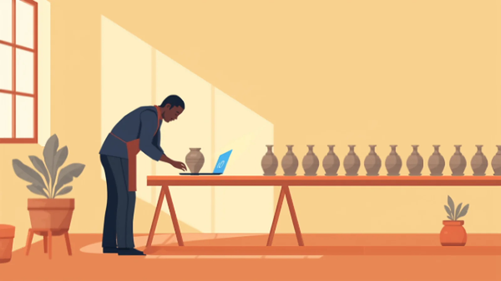 Ilustración cálida de un artesano de figura navy inclinado sobre un banco de trabajo de terracota con un portátil de pantalla azul, mientras a lo largo del banco se alinea una larga hilera de jarrones grises idénticos que se repiten hacia el fondo, con luz de ventana y plantas en macetas de terracota, evocando la homogeneización del contenido frente a la pieza propia.