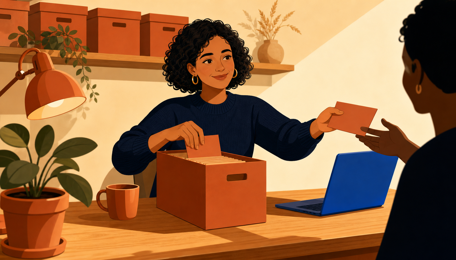 Ilustración cálida de una mujer con pelo corto rizado y jersey navy sentada a un escritorio de madera colocando cuidadosamente una tarjeta terracota dentro de una caja de archivo terracota abierta con una mano mientras extiende otra tarjeta idéntica a una silueta amiga al borde del encuadre con la otra mano, junto a un portátil con pantalla iluminada en azul.