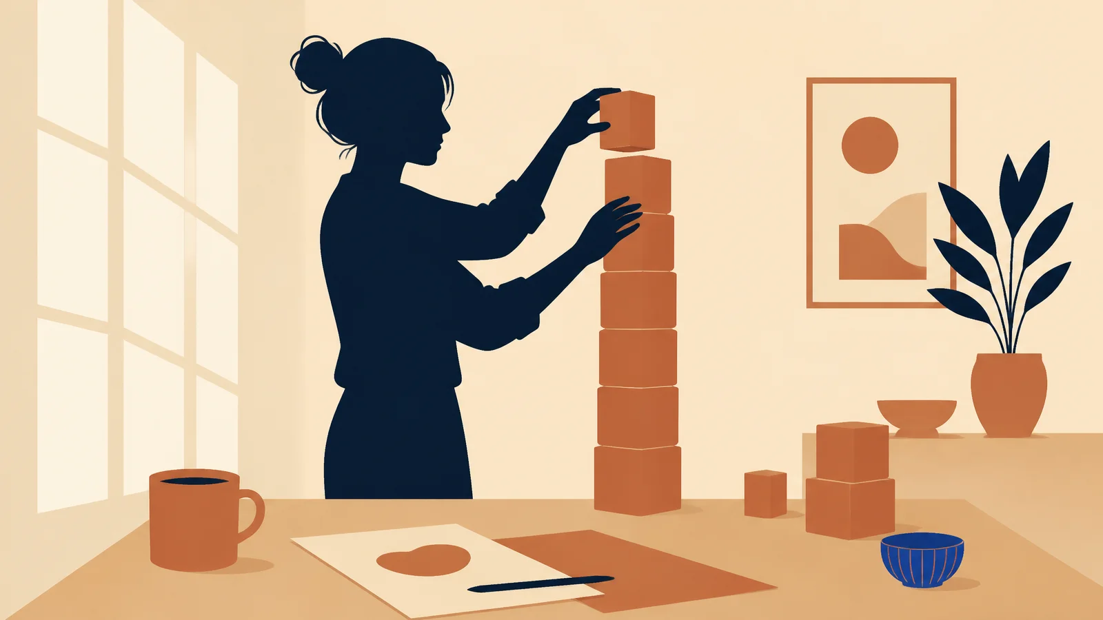 Ilustración plana de una mujer en silueta navy apilando con cuidado bloques terracota en una torre estable sobre una mesa, en una habitación cálida con luz de ventana, un cuadro en la pared y una planta, evocando la construcción paciente de una marca personal.