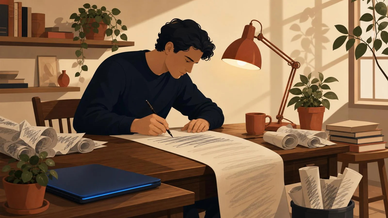 Ilustración cálida de una persona concentrada en un escritorio de madera hand-letreando con esmero la primera línea de un largo pergamino que se derrama hacia el lector, rodeada de otros pergaminos descartados con garabatos grises tachados, una lámpara terracota inclinada sobre el papel, taza y planta terracota, y un portátil cerrado con un fino resplandor azul en el borde, evocando el trabajo artesanal de reescribir el hook hasta que suene a persona.