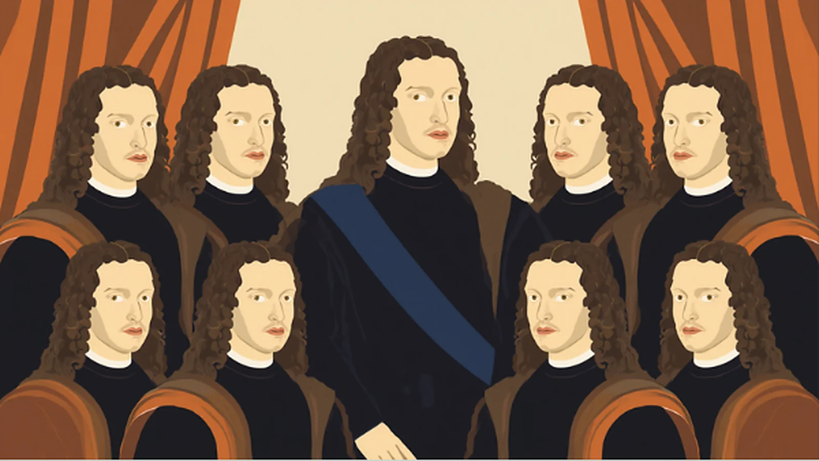 Ilustración plana en plano cerrado de un retrato dinástico real al estilo del siglo XVII (tipo Habsburgo): una familia de la realeza con el mismo rostro repetido en todos sus miembros (cara alargada, mandíbula prominente, labio inferior abultado y largas pelucas rizadas), con el rey al centro luciendo una banda azul, entre cortinajes de terracota sobre fondo crema, evocando la endogamia generativa de la IA que se reproduce consigo misma.