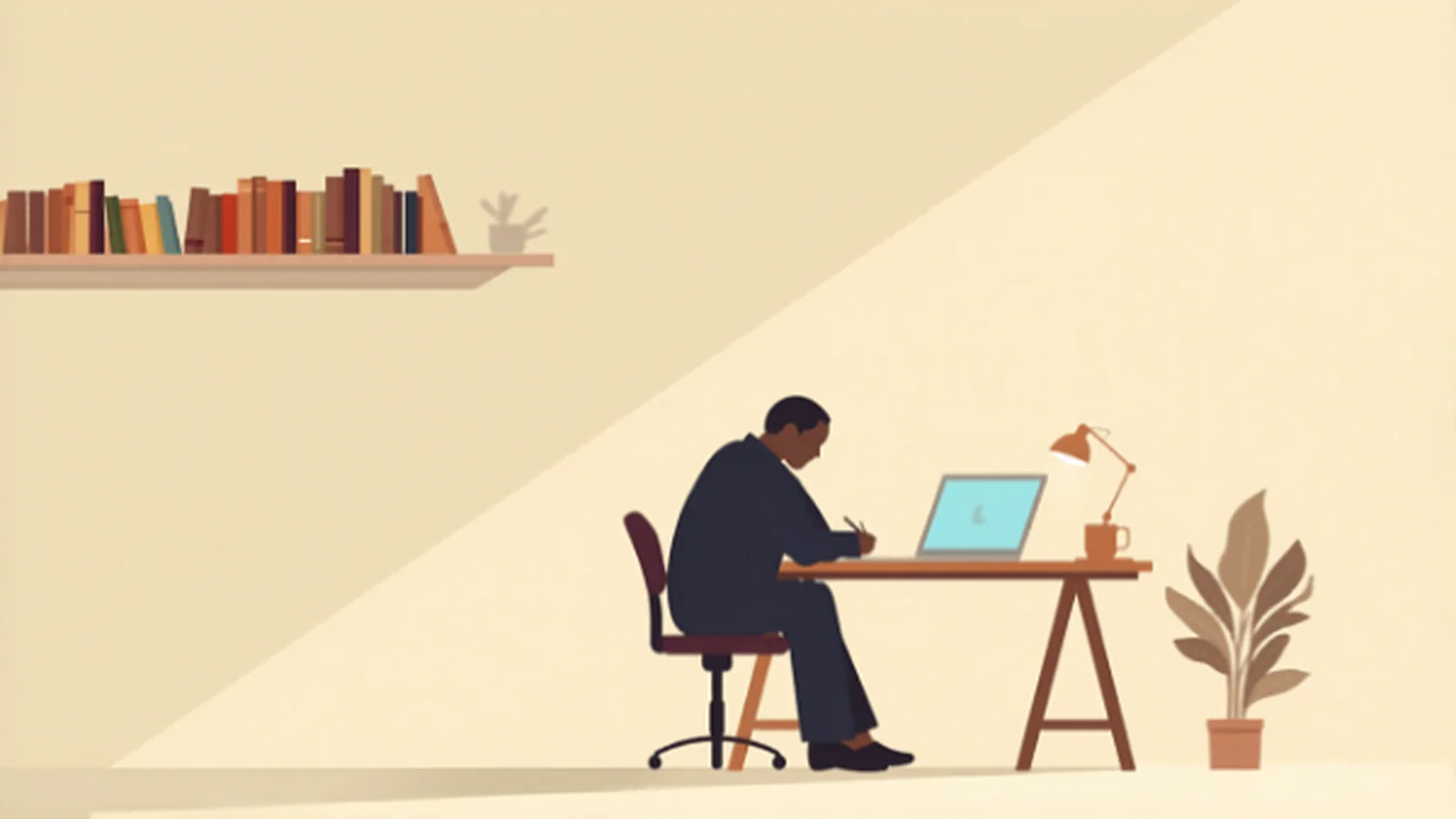 Ilustración plana de una persona sentada a un escritorio escribiendo a mano, con un portátil de pantalla azul al lado como una IA acompañante, una lámpara, una taza y una maceta terracota, y una estantería de libros en la pared, evocando usar la IA como apoyo sin perder la voz propia.