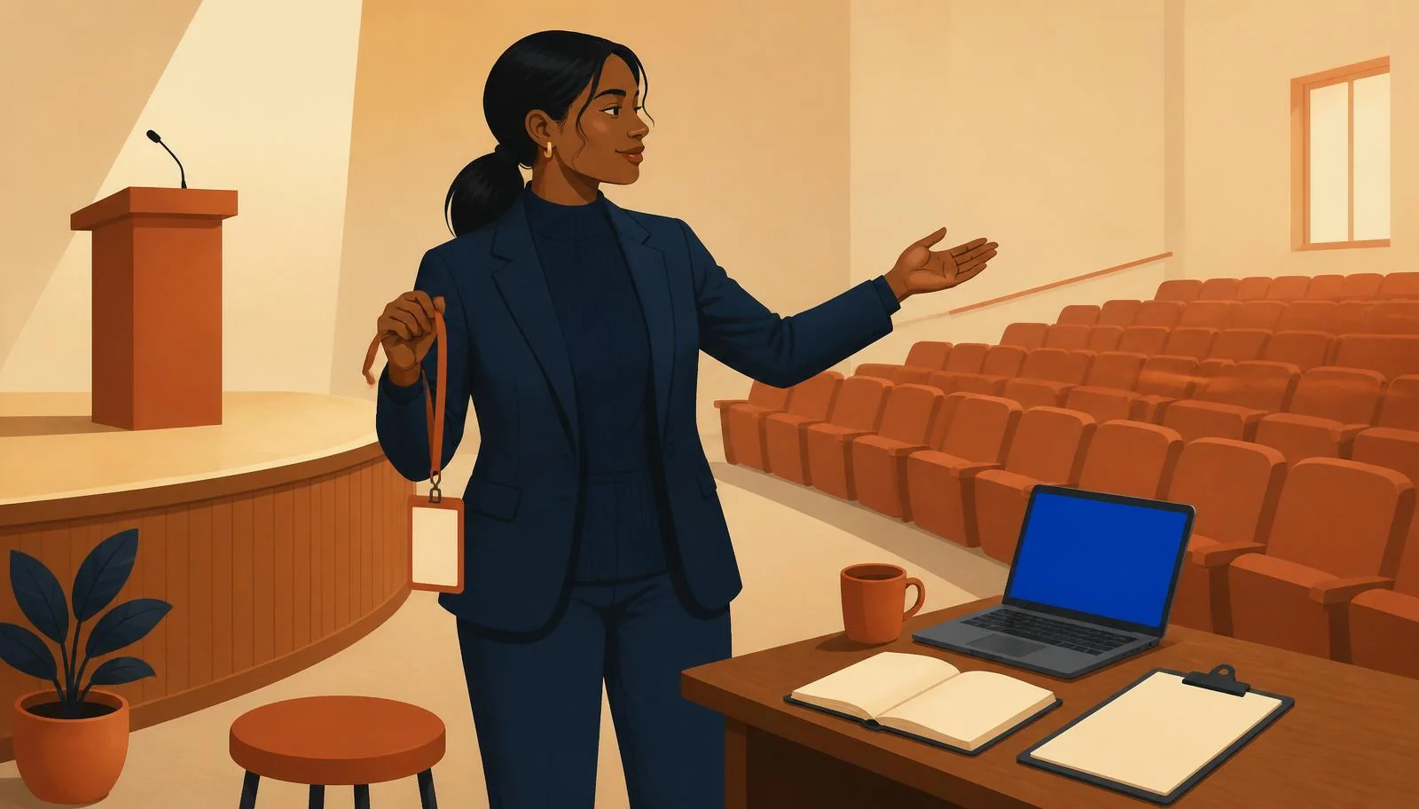 Ilustración cálida de una mujer con coleta baja y blazer navy sobre jersey navy de pie entre un escenario con lectern y micrófono terracota y una gran gradería en perspectiva llena de butacas terracota vacías, sosteniendo un cordón de acreditación terracota mientras señala las gradas ensayando el flujo del evento, junto a un escritorio lateral con portátil de pantalla azul, portapapeles, taza y planta.