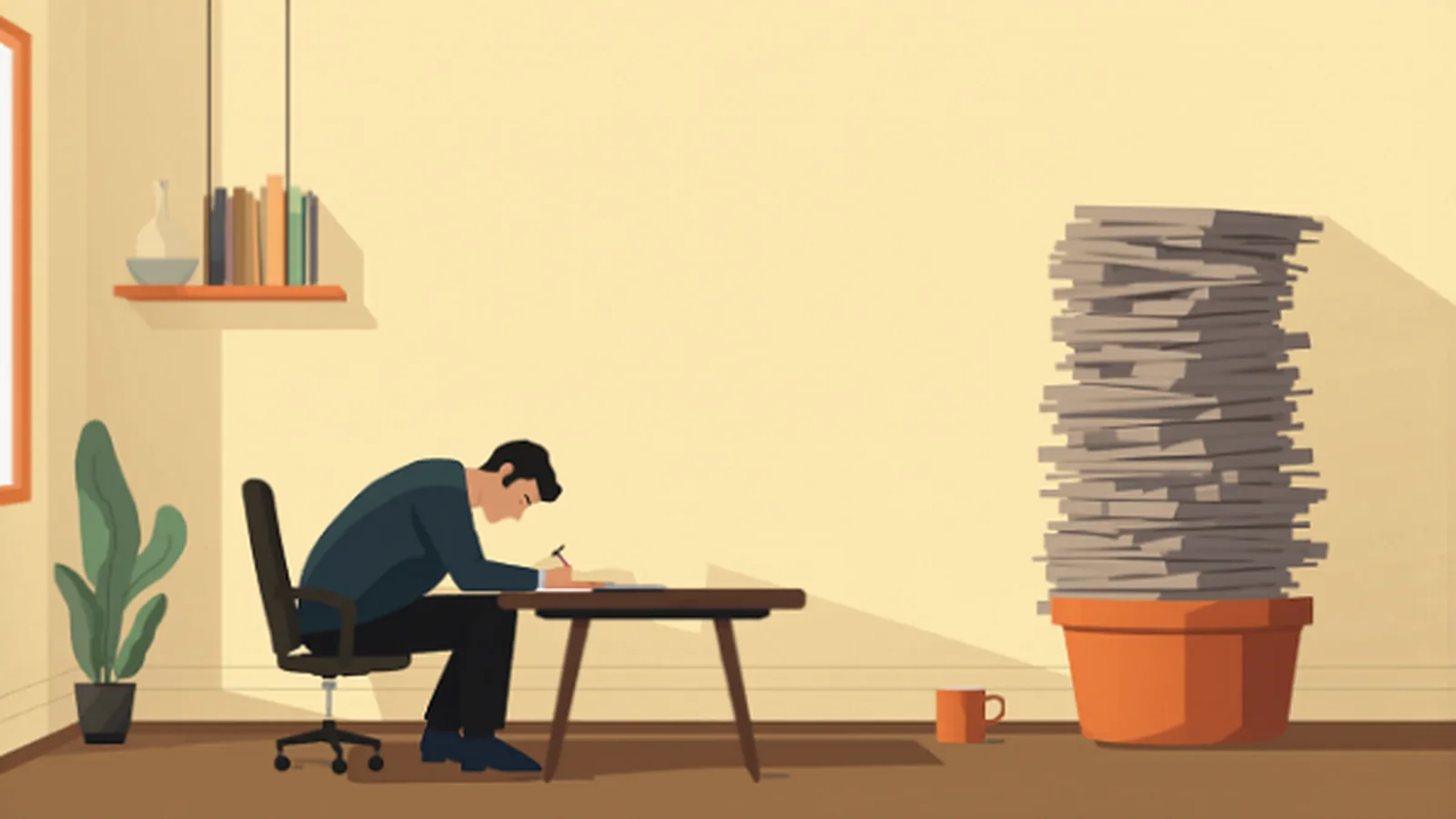 Ilustración plana de una persona escribiendo a mano en un escritorio a un lado, mientras al otro se alza una torre alta de hojas grises idénticas en una maceta, con una estantería de libros, una planta y una taza terracota en la habitación, evocando conservar contenido propio frente al material genérico de IA descartado.