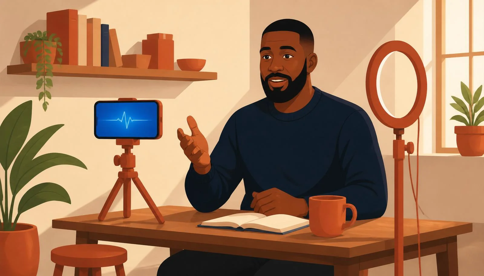 Ilustración cálida de un hombre con barba y jersey navy sentado ante un escritorio de madera hablando con gesto abierto hacia un móvil montado en un trípode terracota (con la pantalla iluminada en azul con una onda de emisión en directo), junto a un aro de luz terracota, una estantería con libros, una taza terracota y un taburete y planta en el primer plano.