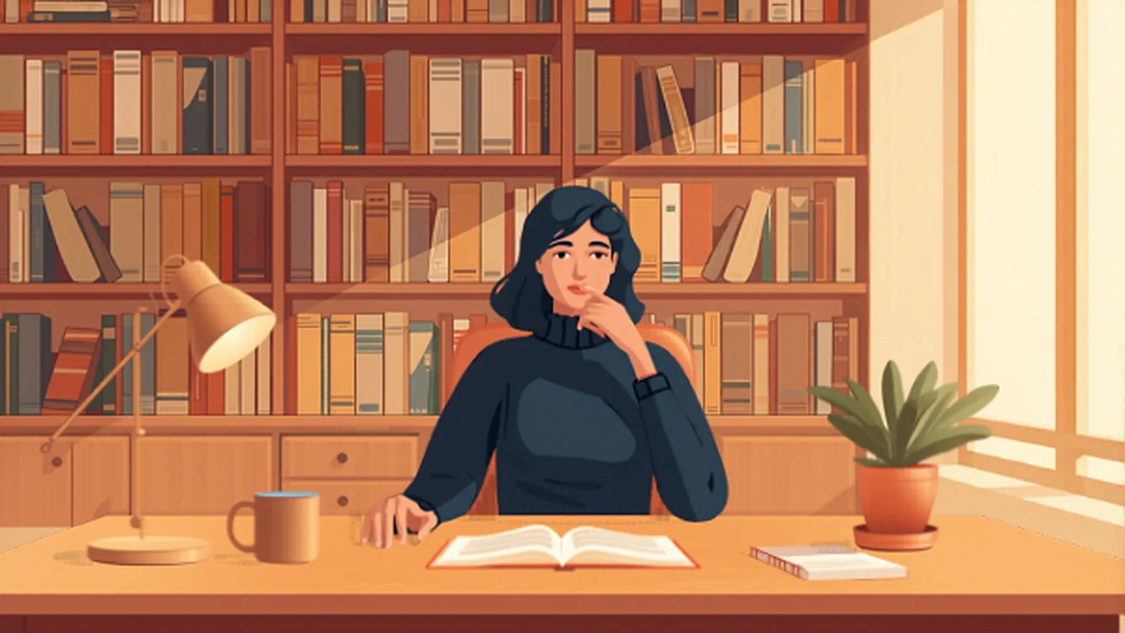 Ilustración cálida de una mujer pensativa sentada en su escritorio frente a una estantería de libros, con una lámpara encendida y dos documentos abiertos delante para comparar opciones, una planta en una maceta terracota y una taza, evocando la evaluación tranquila antes de tomar una decisión.