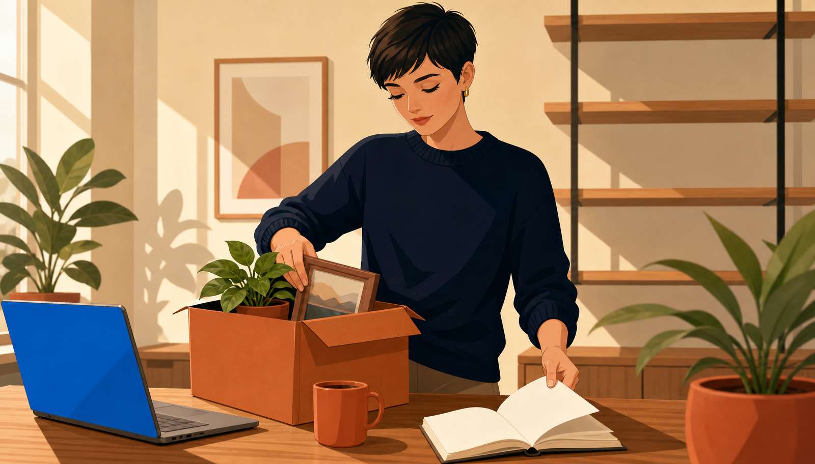 Ilustración cálida de una mujer con pelo corto pixie y jersey navy de pie ante un escritorio de madera, empacando con serenidad una caja terracota con objetos personales (una pequeña planta y un marco) mientras con la otra mano abre un cuaderno nuevo en blanco, junto a un portátil de pantalla azul y una taza terracota.