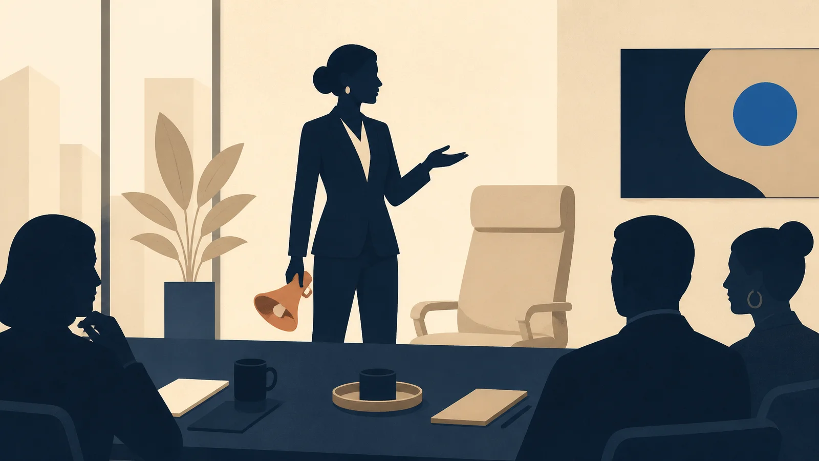 Ilustración plana de una directiva en silueta navy hablando de pie en una sala de reuniones cálida, con un megáfono terracota bajado en la mano y una gran silla corporativa vacía detrás.