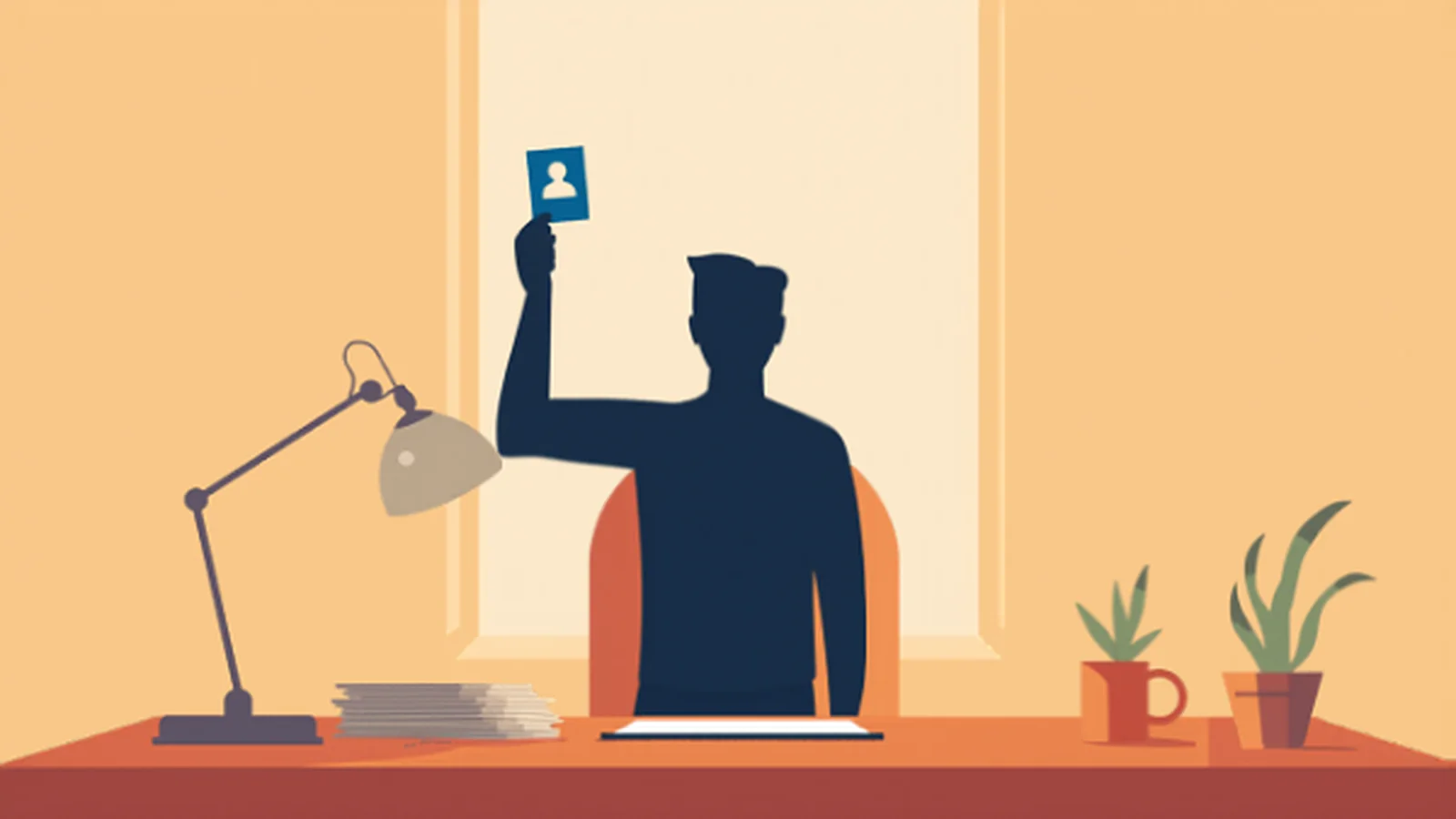 Ilustración plana de una persona en silueta navy sentada a un escritorio sosteniendo en alto una tarjeta de perfil iluminada con un distintivo azul, mientras sobre la mesa quedan una lámpara, una pila de currículums grises apagados y plantas en macetas terracota, con un ventanal detrás, evocando que el perfil de LinkedIn pesa ya más que el CV.
