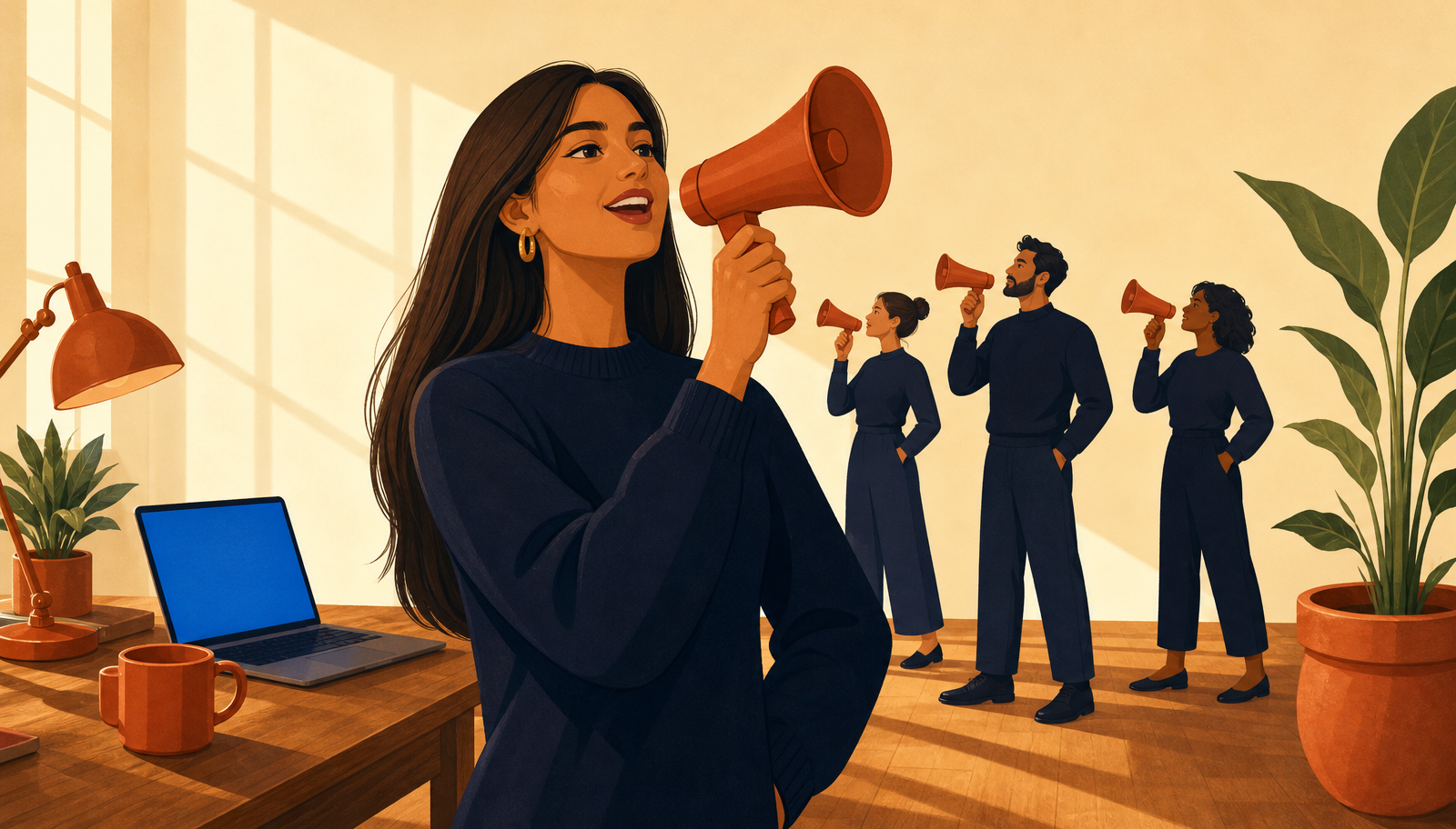 Ilustración cálida de una mujer con melena larga y jersey navy en primer plano hablando por un pequeño megáfono terracota, mientras detrás varias figuras más pequeñas también en jersey navy sostienen megáfonos terracota en la misma postura sincronizada, junto a un escritorio con portátil de pantalla iluminada en azul, lámpara y taza terracota.