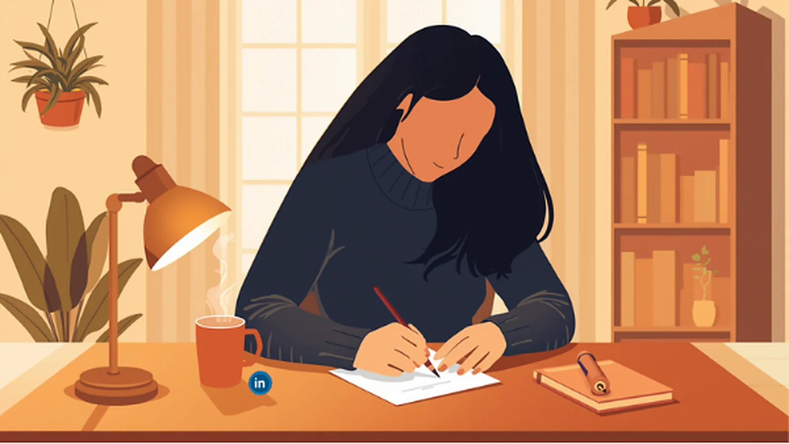 Ilustración cálida de una mujer escribiendo concentrada en una hoja a la luz de una lámpara, con la cara oculta por el pelo cayendo hacia delante, una taza, plantas y una estantería detrás, evocando la identidad construida a través de las ideas, no de la foto.